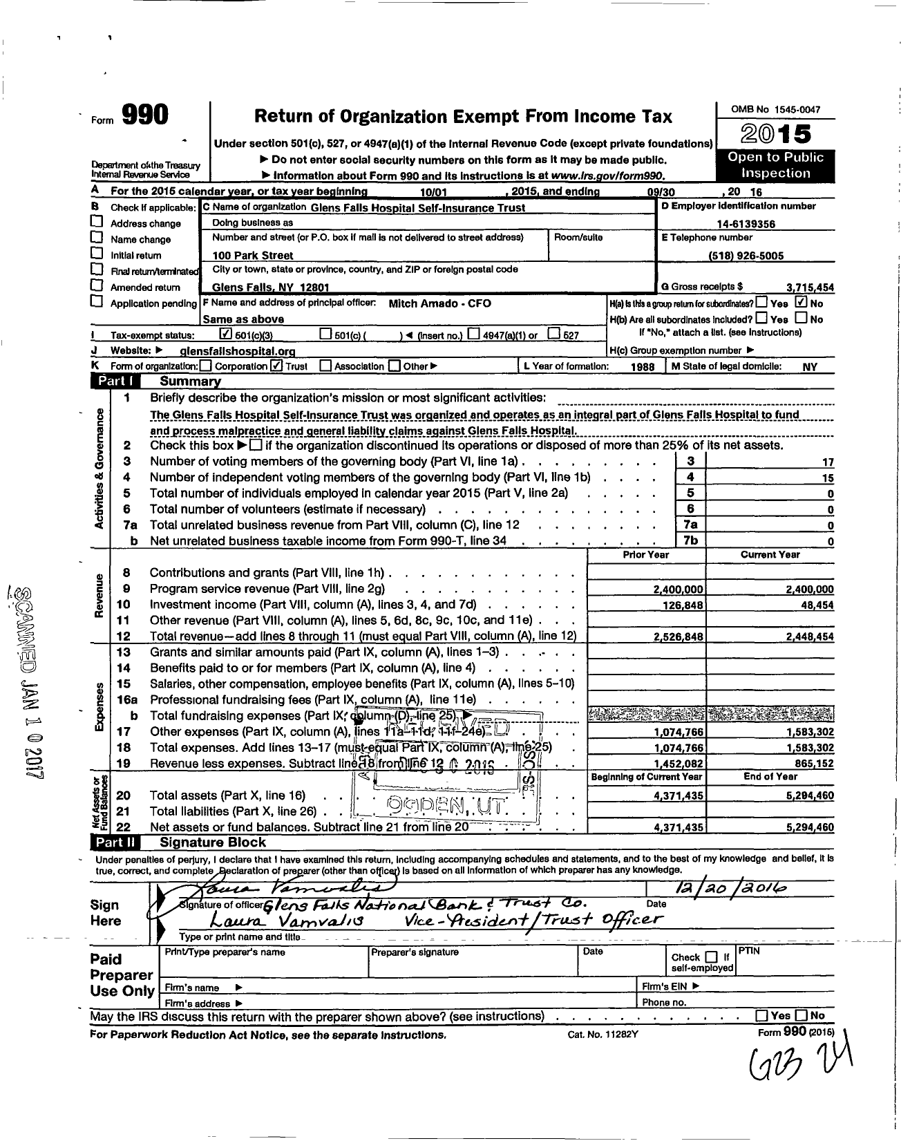 Image of first page of 2015 Form 990 for Glens Falls Hospital Self Ins Trust