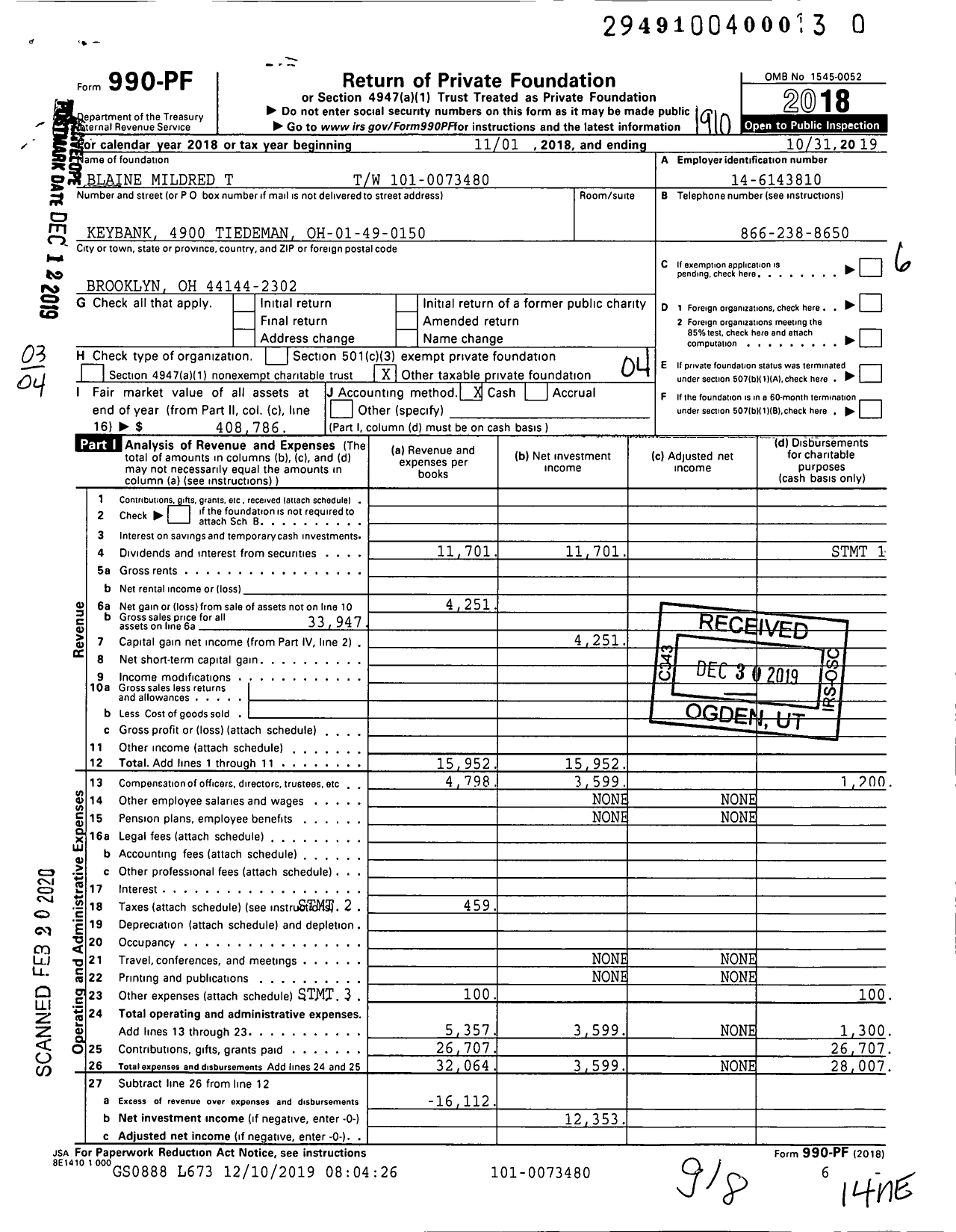 Image of first page of 2018 Form 990PR for Blaine Mildred T TW