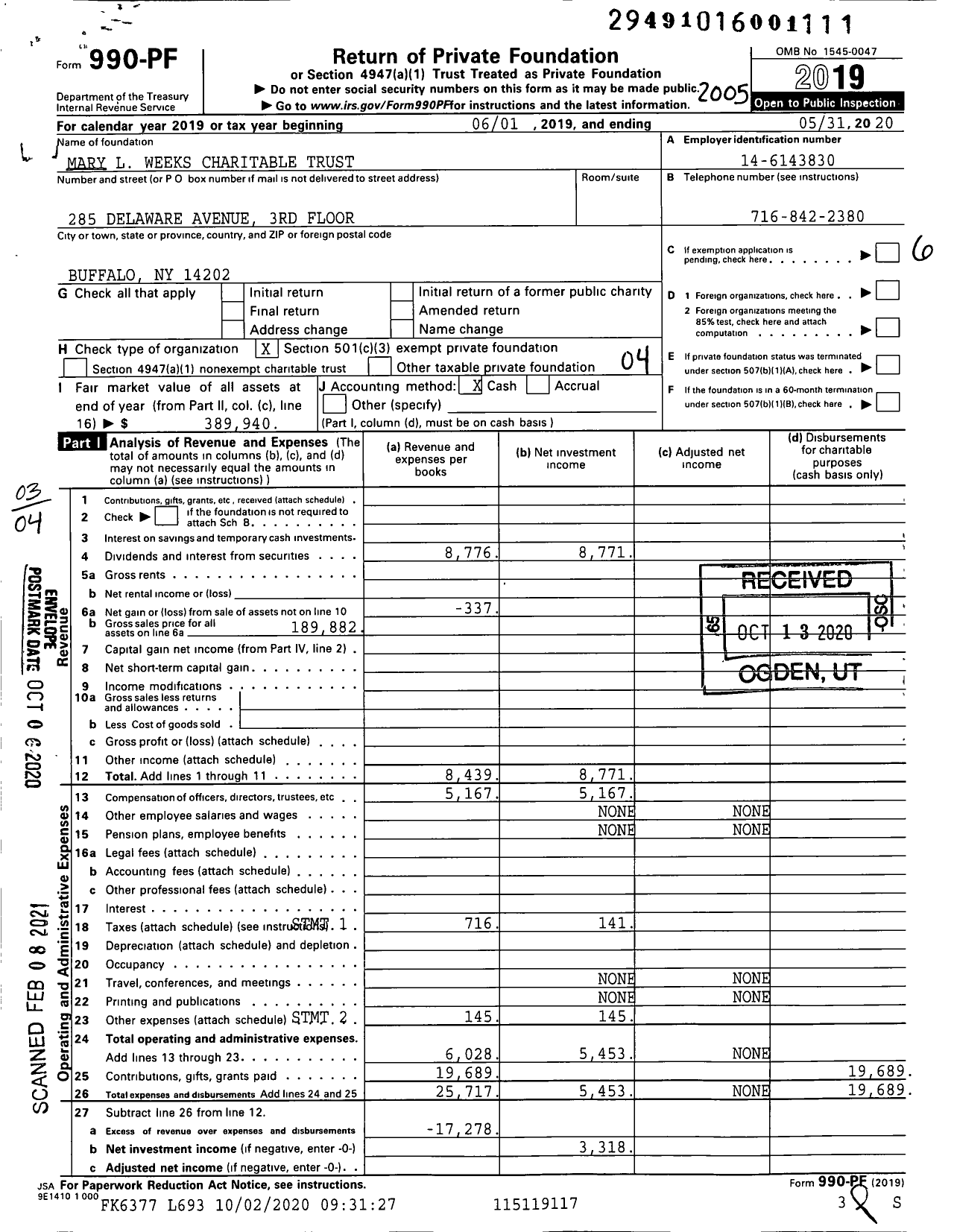 Image of first page of 2019 Form 990PF for Mary L Weeks Charitable Trust