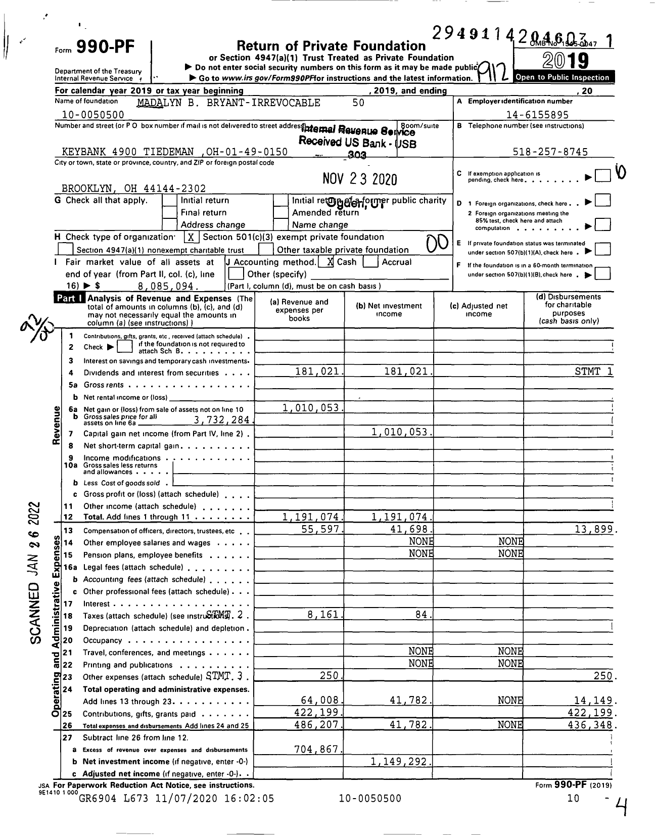 Image of first page of 2019 Form 990PF for Madalyn B Bryant Irrevocable