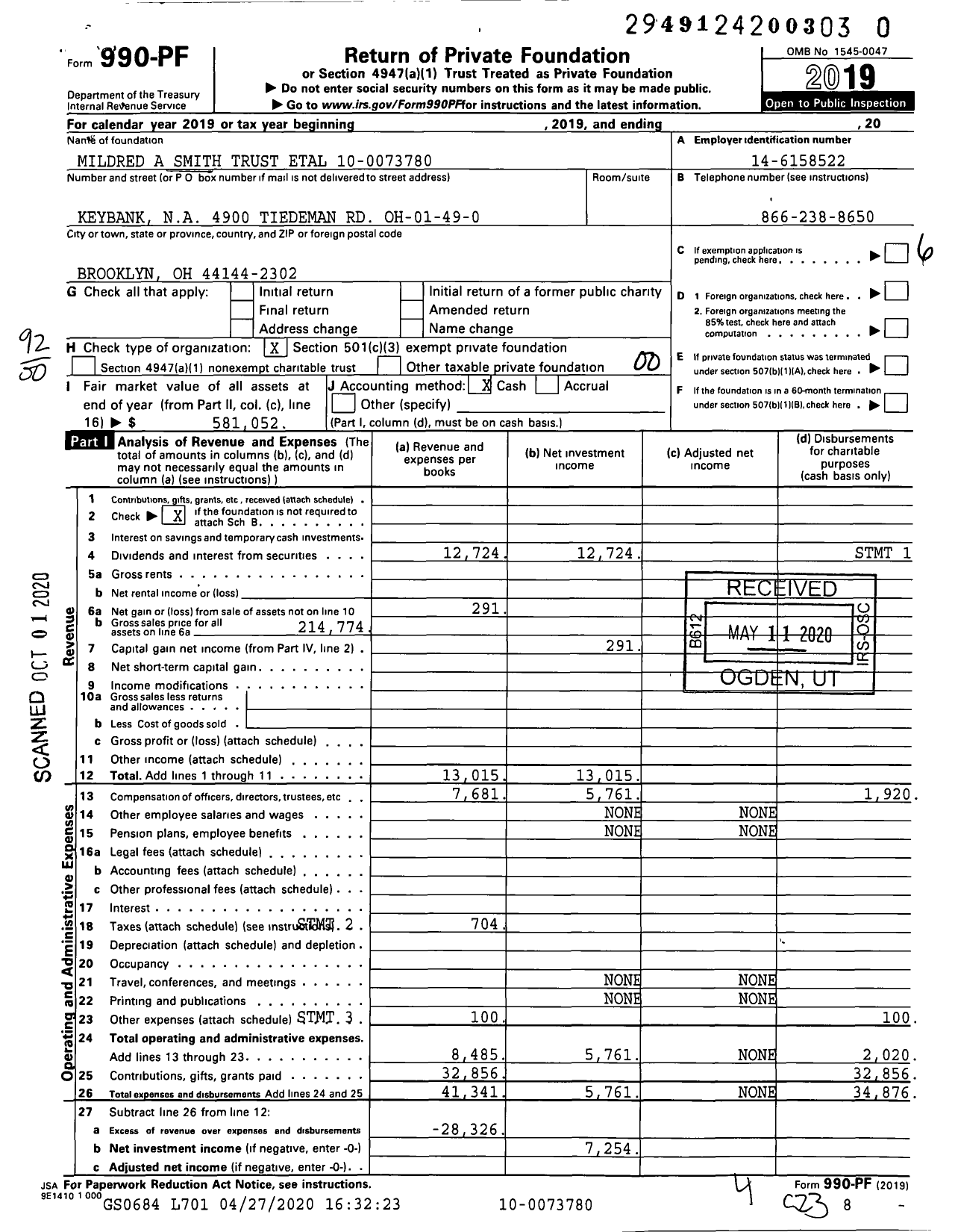 Image of first page of 2019 Form 990PR for Mildred A Smith Trust Etal