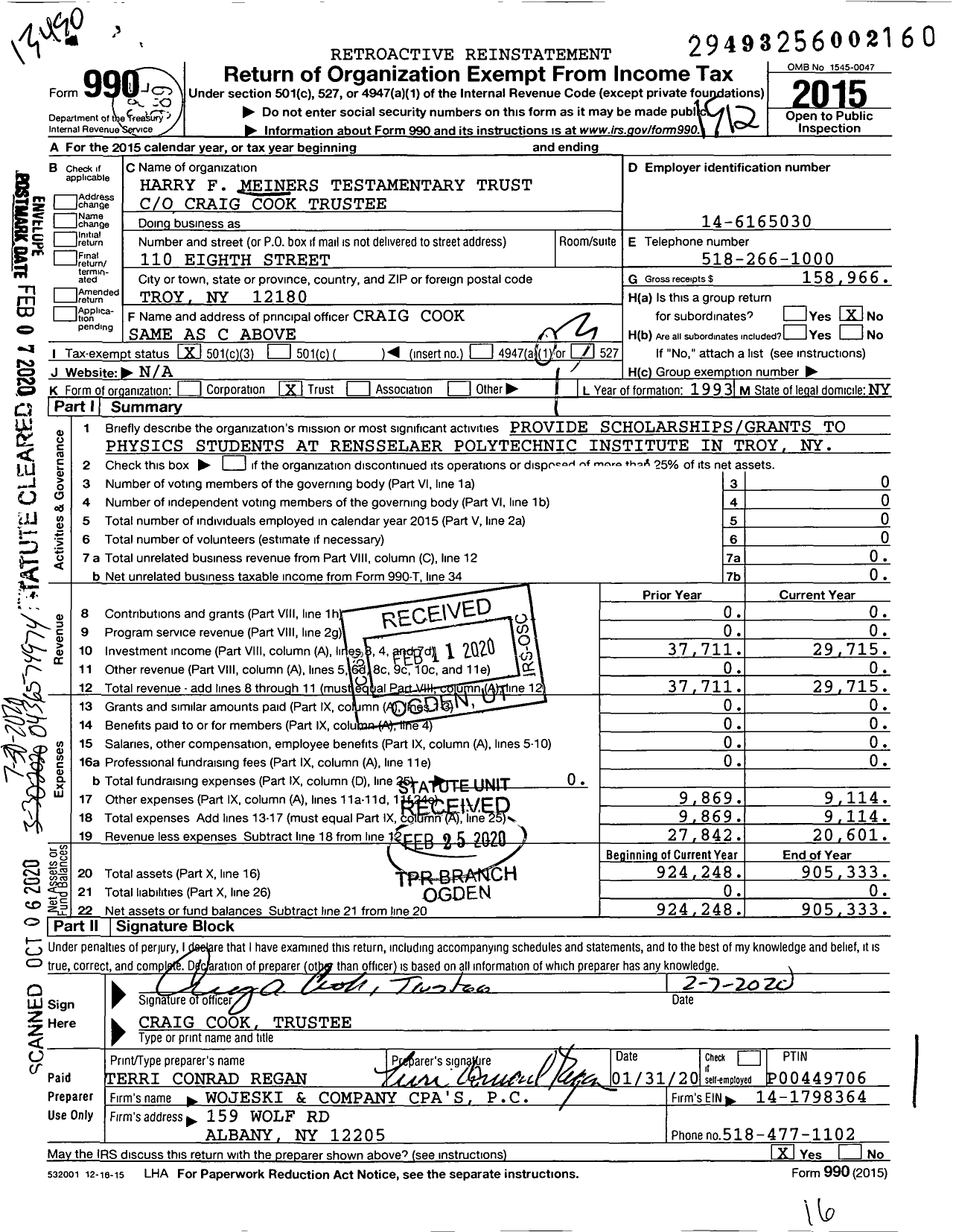 Image of first page of 2015 Form 990 for Harry F Meiners Testamentary Trust