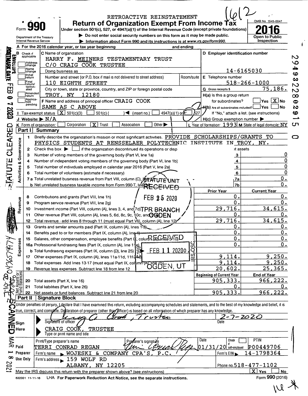 Image of first page of 2016 Form 990 for Harry F Meiners Testamentary Trust