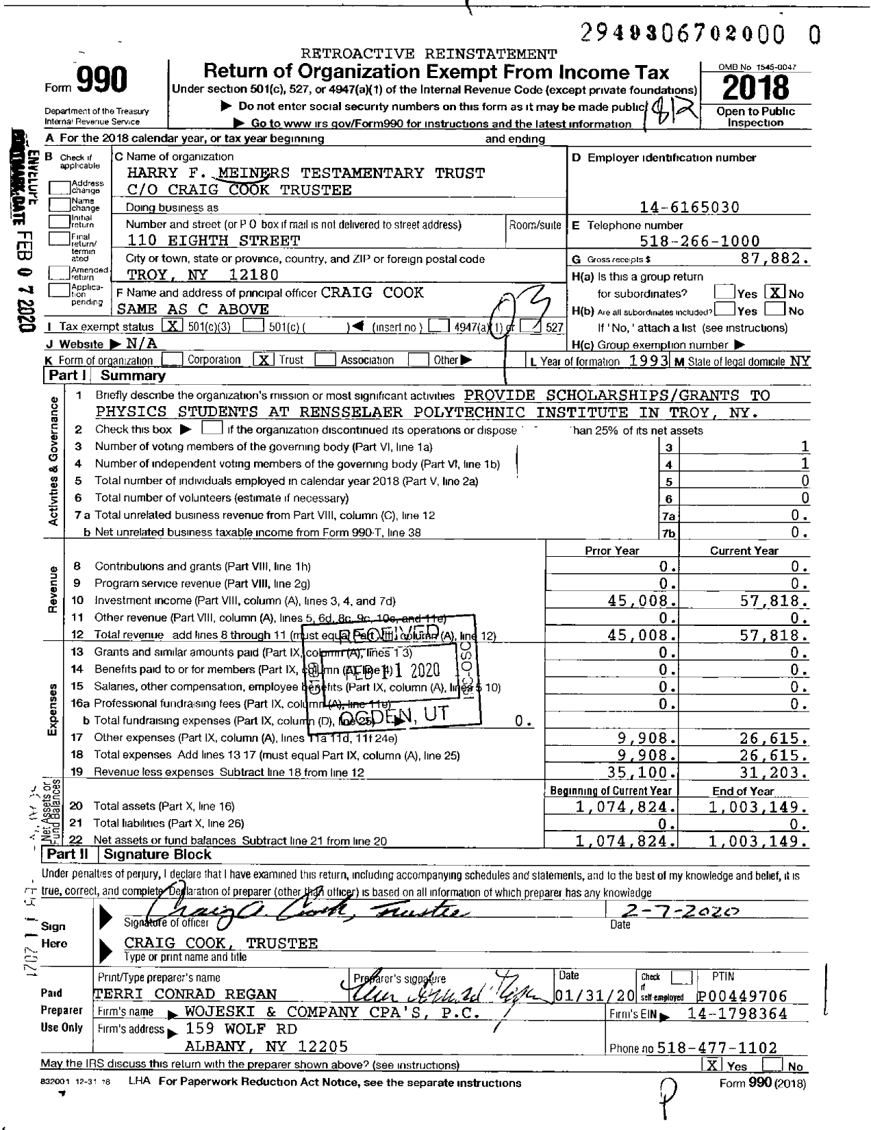 Image of first page of 2018 Form 990 for Harry F Meiners Testamentary Trust