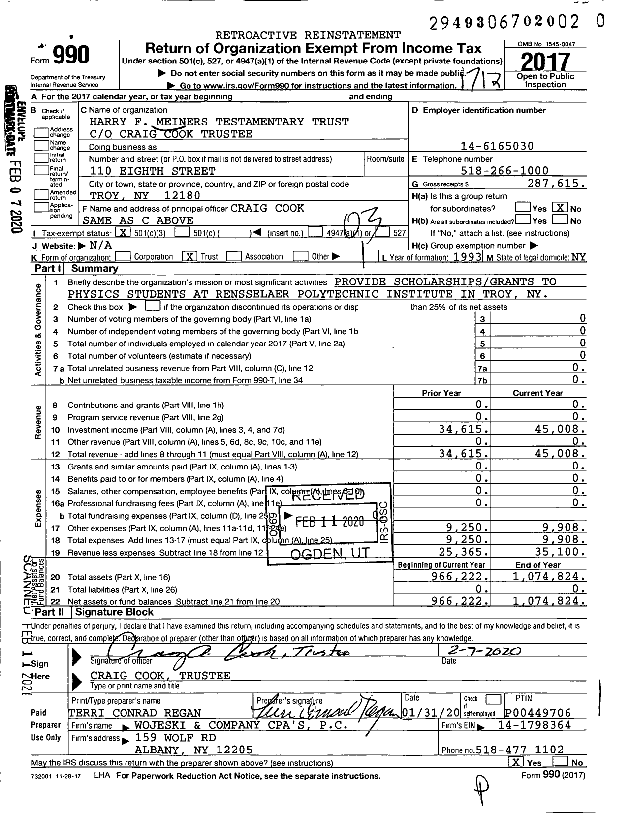 Image of first page of 2017 Form 990 for Harry F Meiners Testamentary Trust