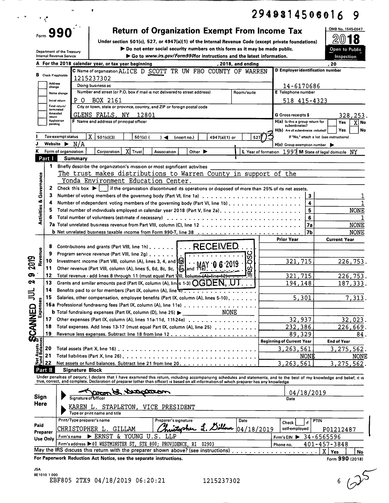 Image of first page of 2018 Form 990 for Alice D Scott TR Uw Fbo County of Warren