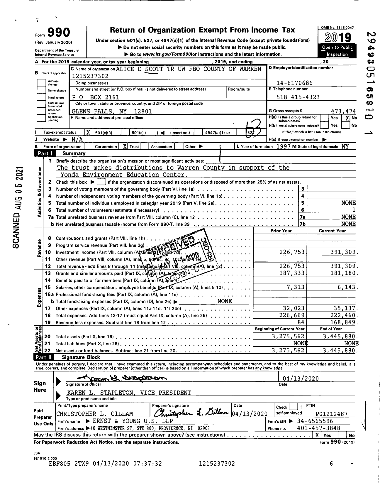 Image of first page of 2019 Form 990 for Alice D Scott TR Uw Fbo County of Warren