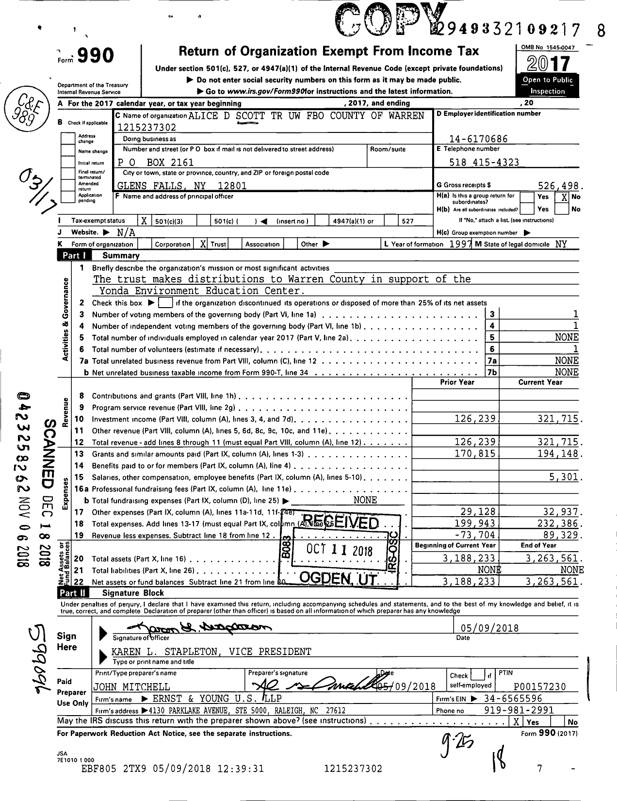 Image of first page of 2017 Form 990 for Alice D Scott TR Uw Fbo County of Warren