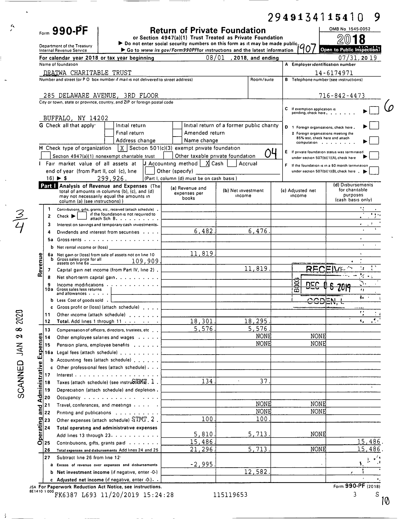 Image of first page of 2018 Form 990PF for Dratwa Charitable Trust