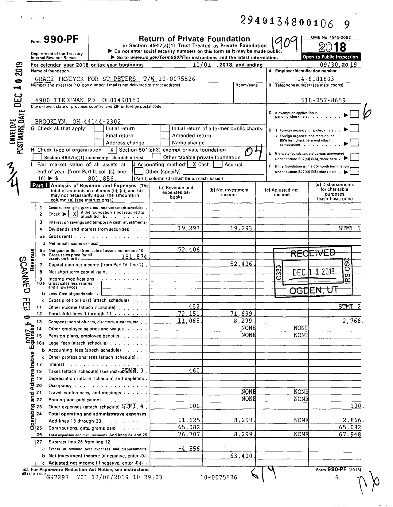 Image of first page of 2018 Form 990PF for Grace Teneyck for St Peters TW