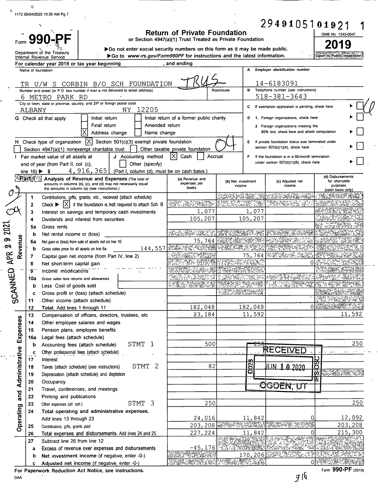 Image of first page of 2019 Form 990PF for TR Uw S Corbin Bo SCH Foundation