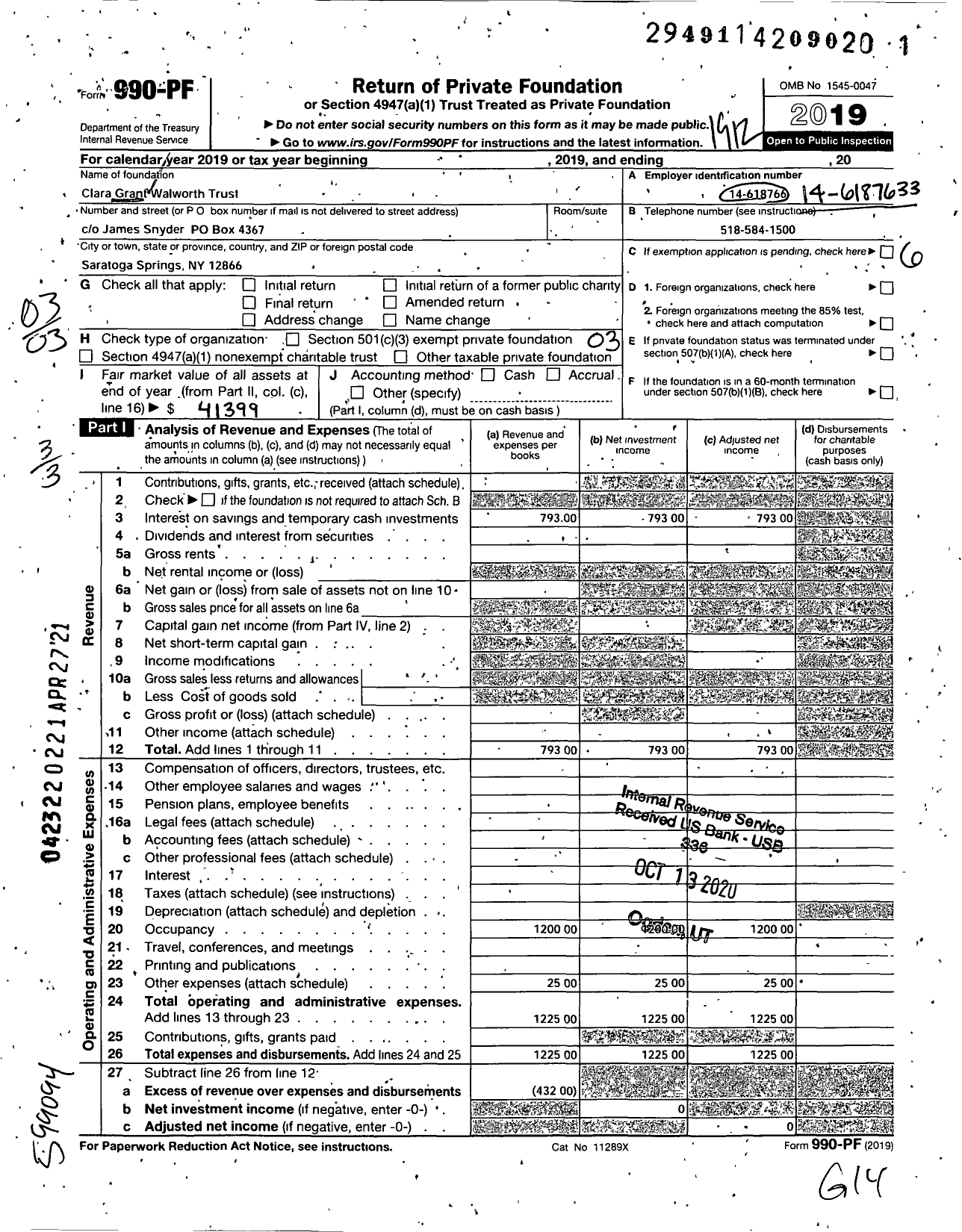 Image of first page of 2019 Form 990PF for Clara Grant Walworth Trust