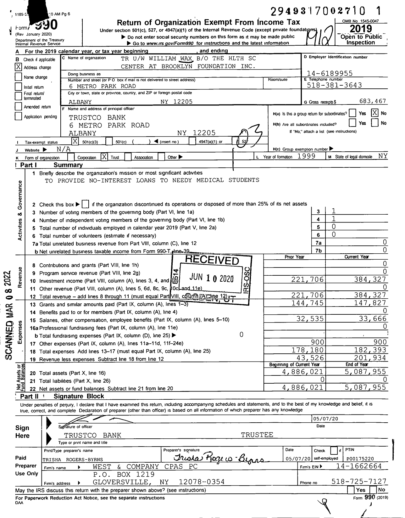 Image of first page of 2019 Form 990 for TR Uw William Wax Bo the HLTH SC Center at Brooklyn Foundation