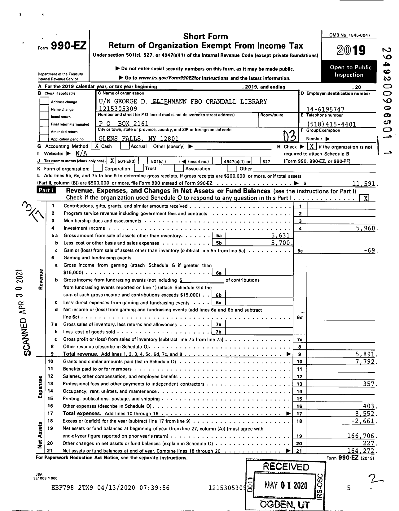 Image of first page of 2019 Form 990EZ for Uw George D Fliehmann Fbo Crandall Library