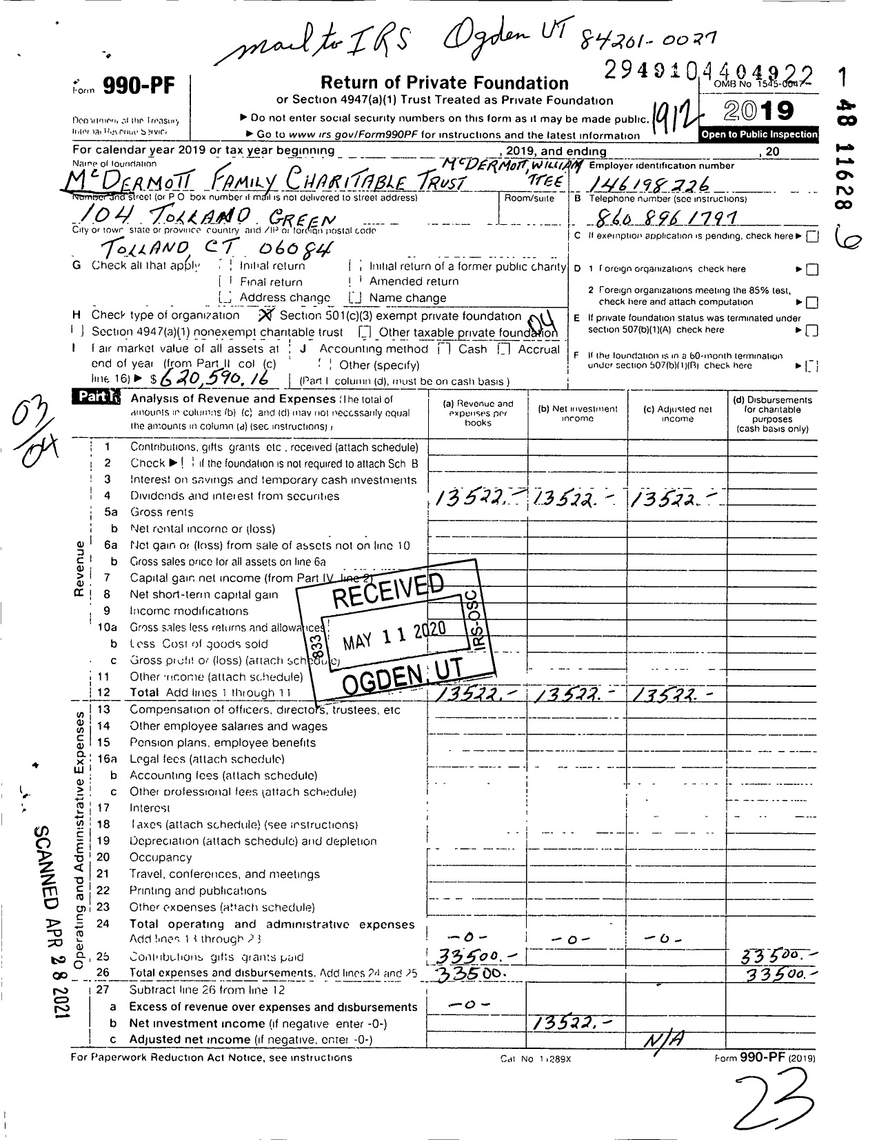 Image of first page of 2019 Form 990PF for McDERMONTT Family CHARITABLE Trust