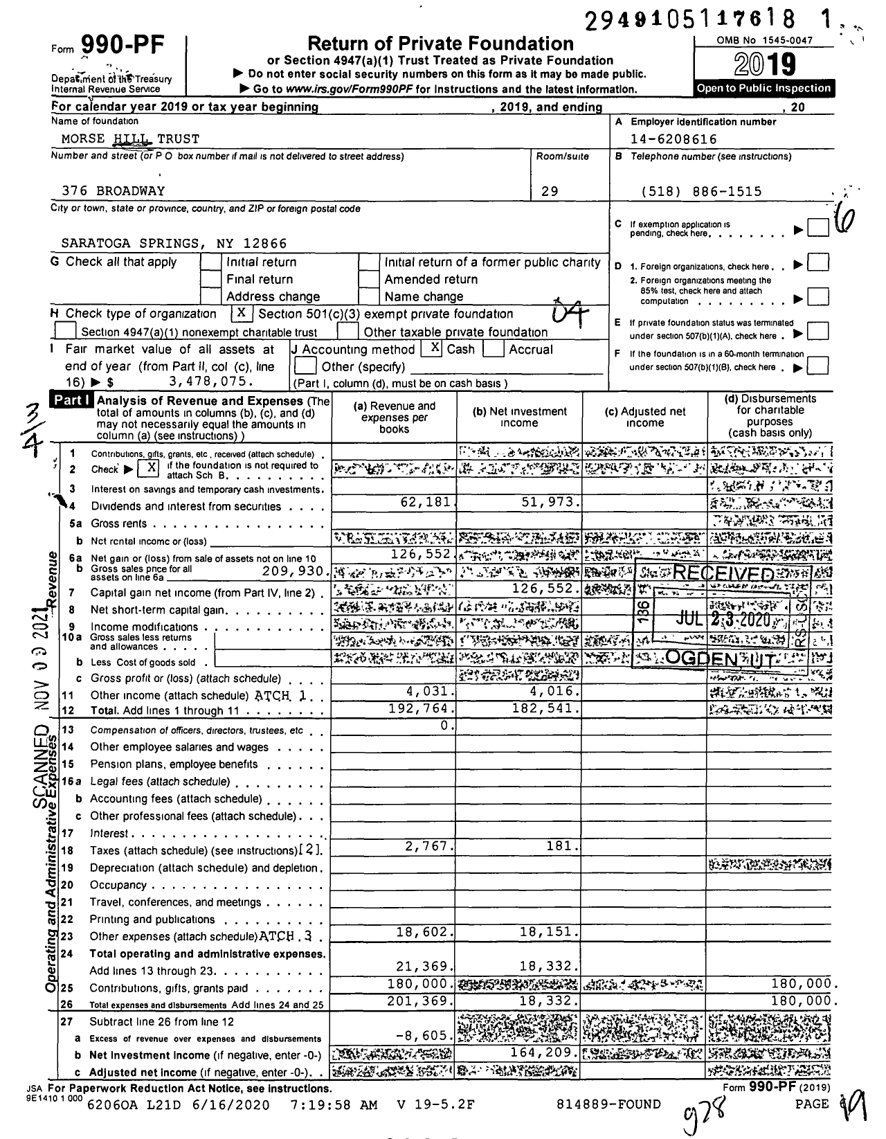 Image of first page of 2019 Form 990PF for Morse Hill Trust