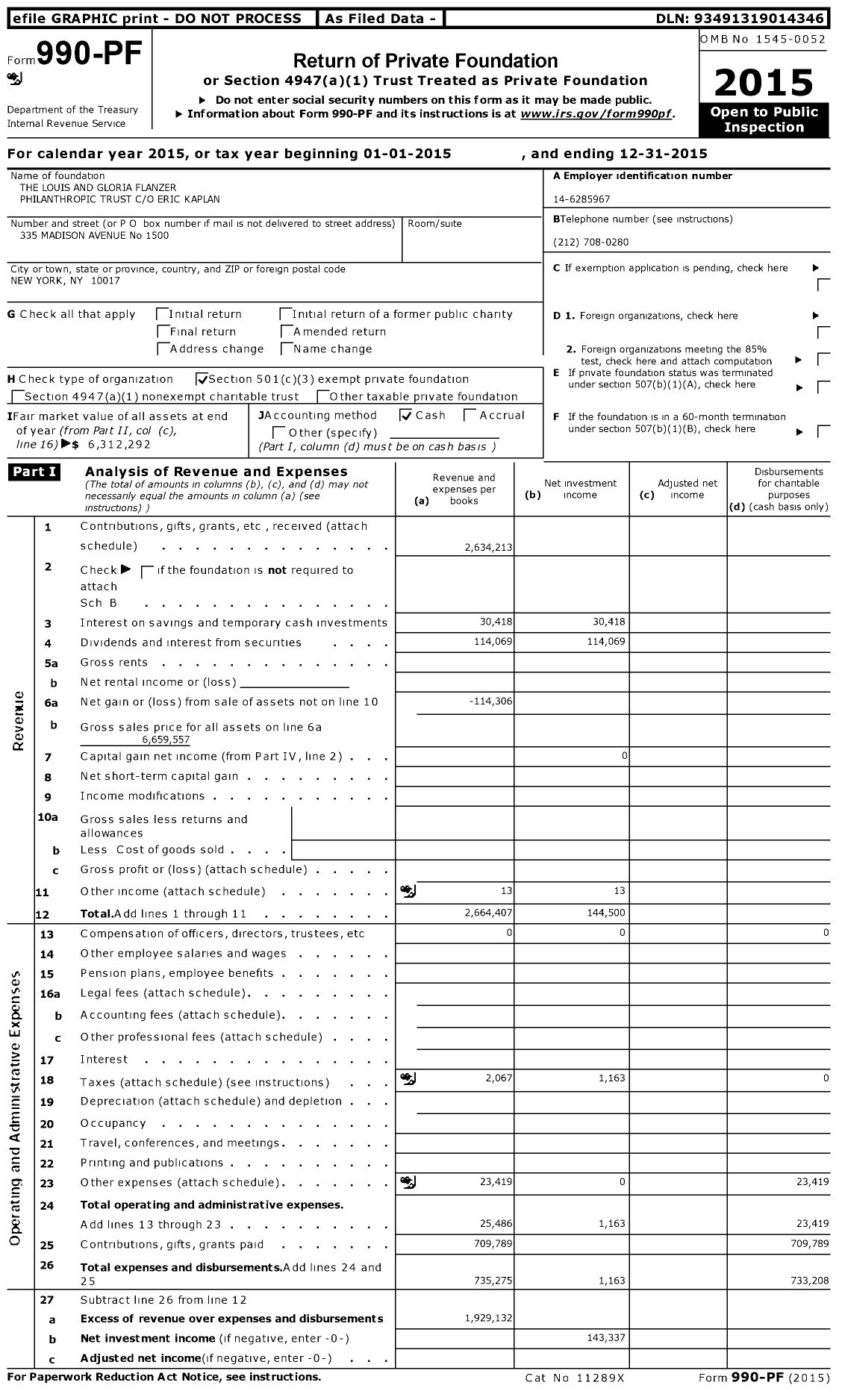 Image of first page of 2015 Form 990PF for The Louis and Gloria Flanzer Philanthropic Trust