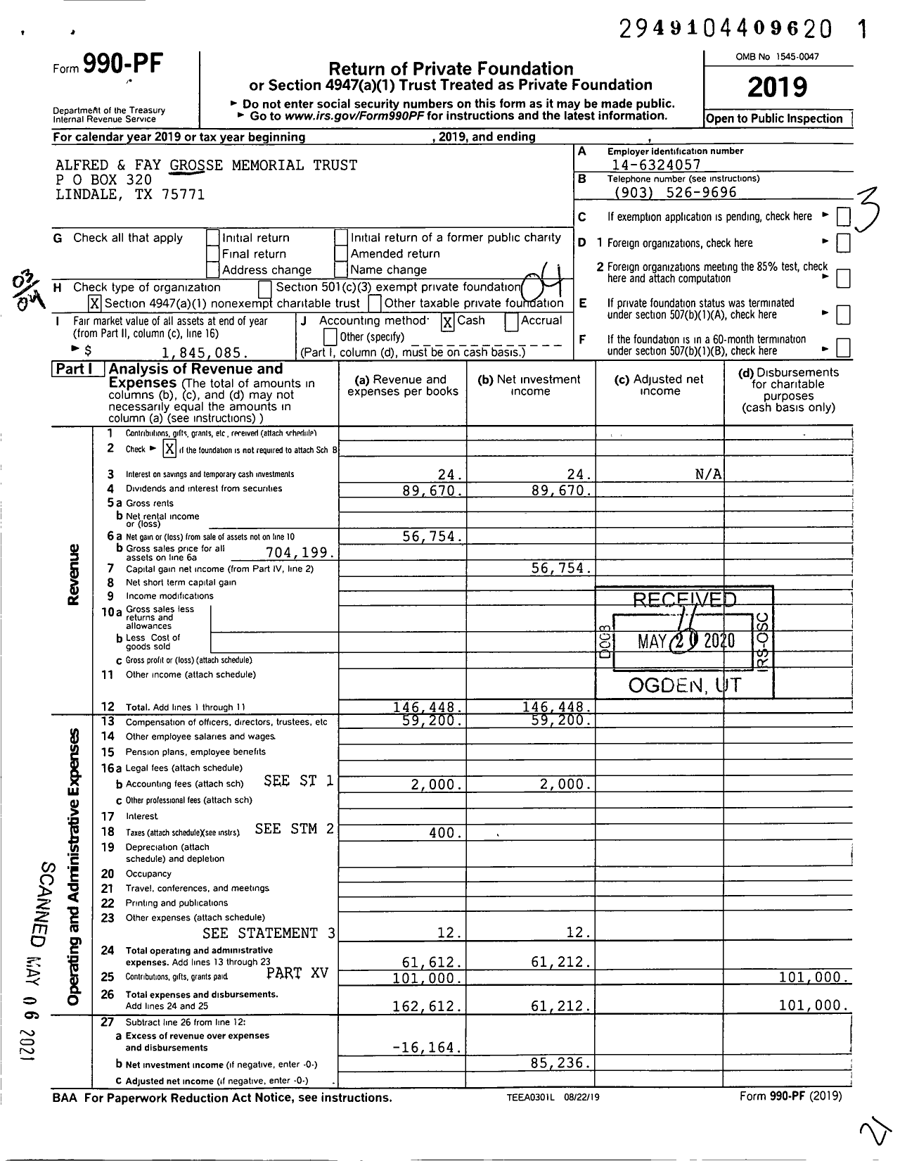 Image of first page of 2019 Form 990PF for Alfred and Fay Grosse Memorial Trust