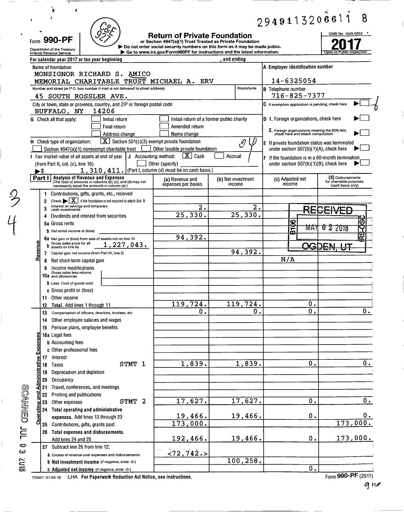 Image of first page of 2017 Form 990PF for MSGR Richard S Amico Memorial Charitable Trust