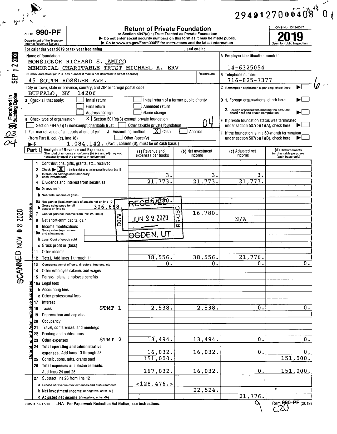 Image of first page of 2019 Form 990PF for MSGR Richard S Amico Memorial Charitable Trust