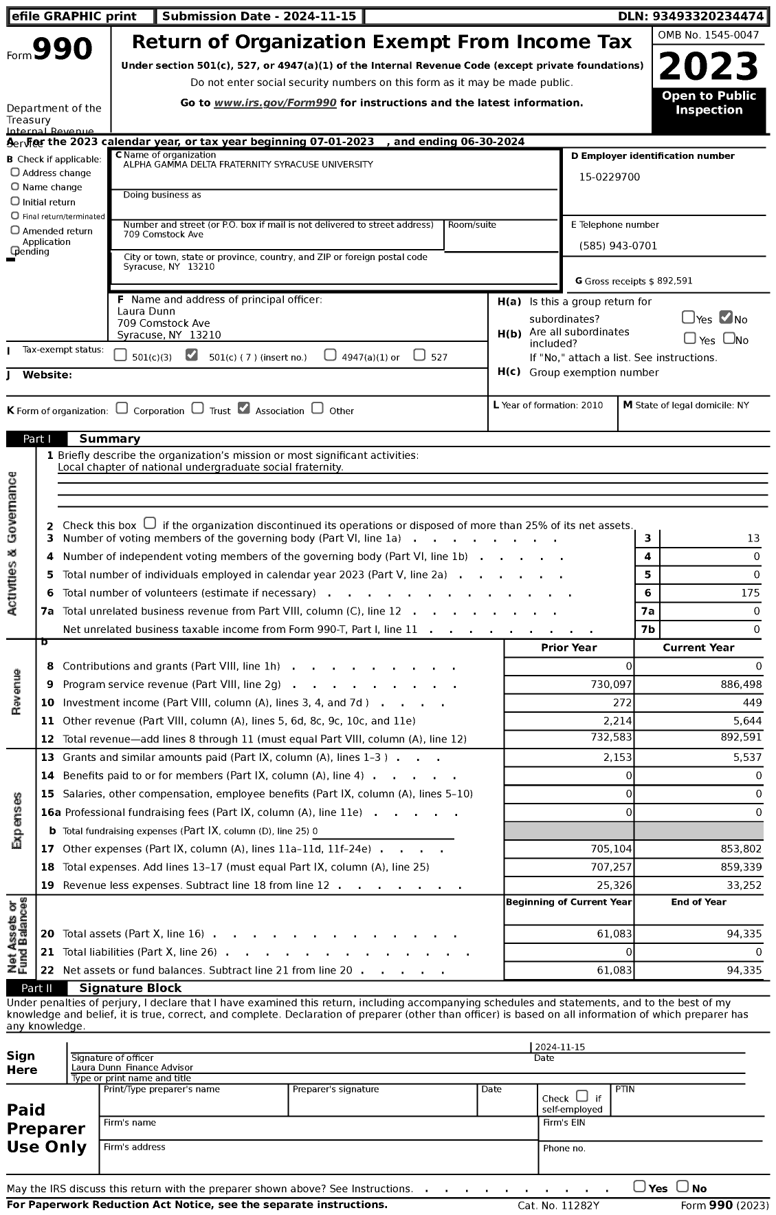 Image of first page of 2023 Form 990 for Alpha Gamma Delta Fraternity Syracuse University