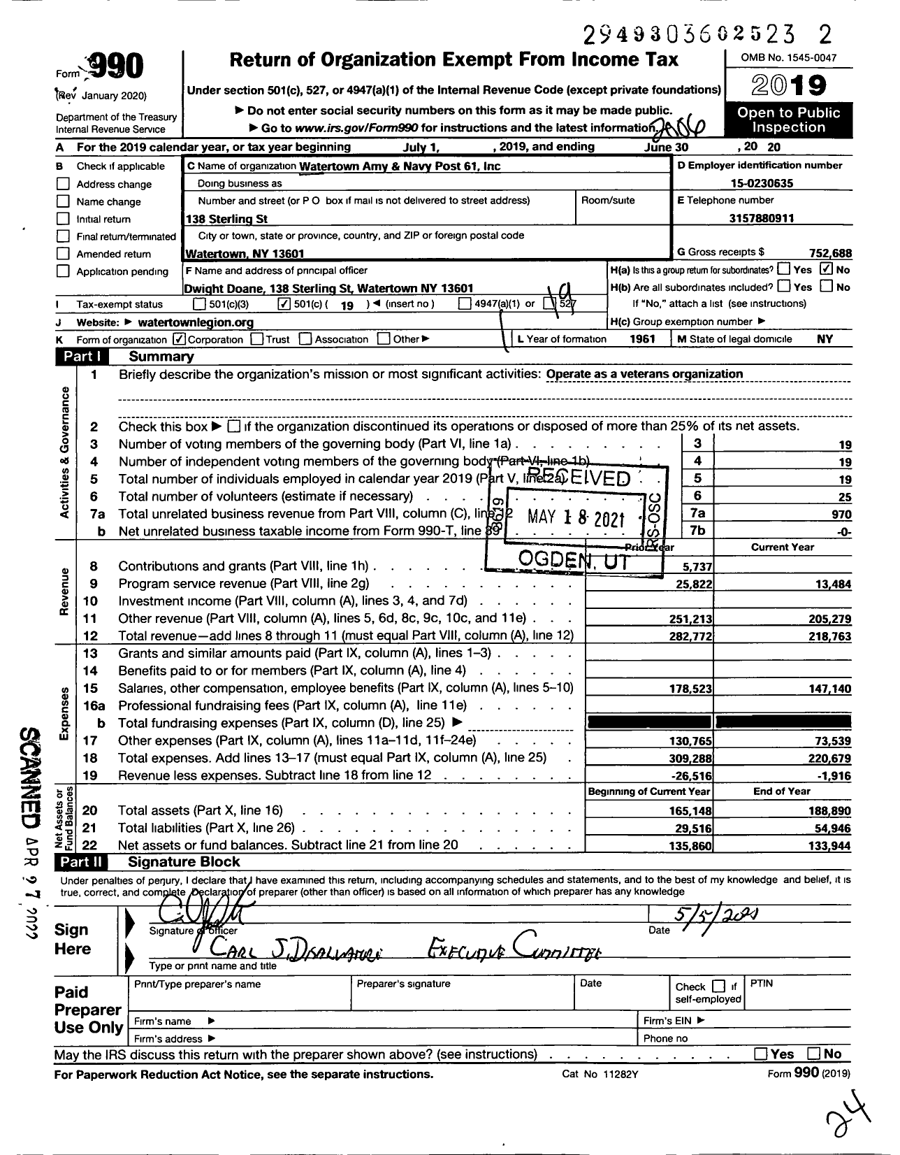 Image of first page of 2019 Form 990O for American Legion - 61 Watertown Army & Navy