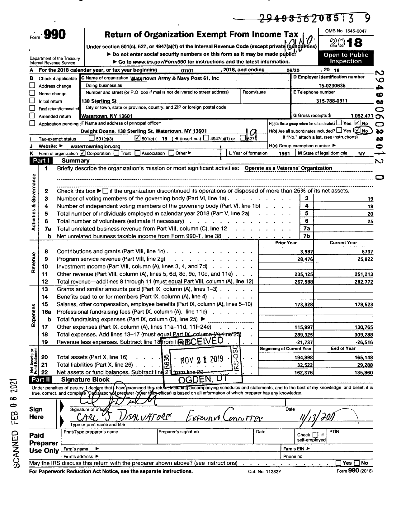 Image of first page of 2018 Form 990O for American Legion - 61 Watertown Army & Navy