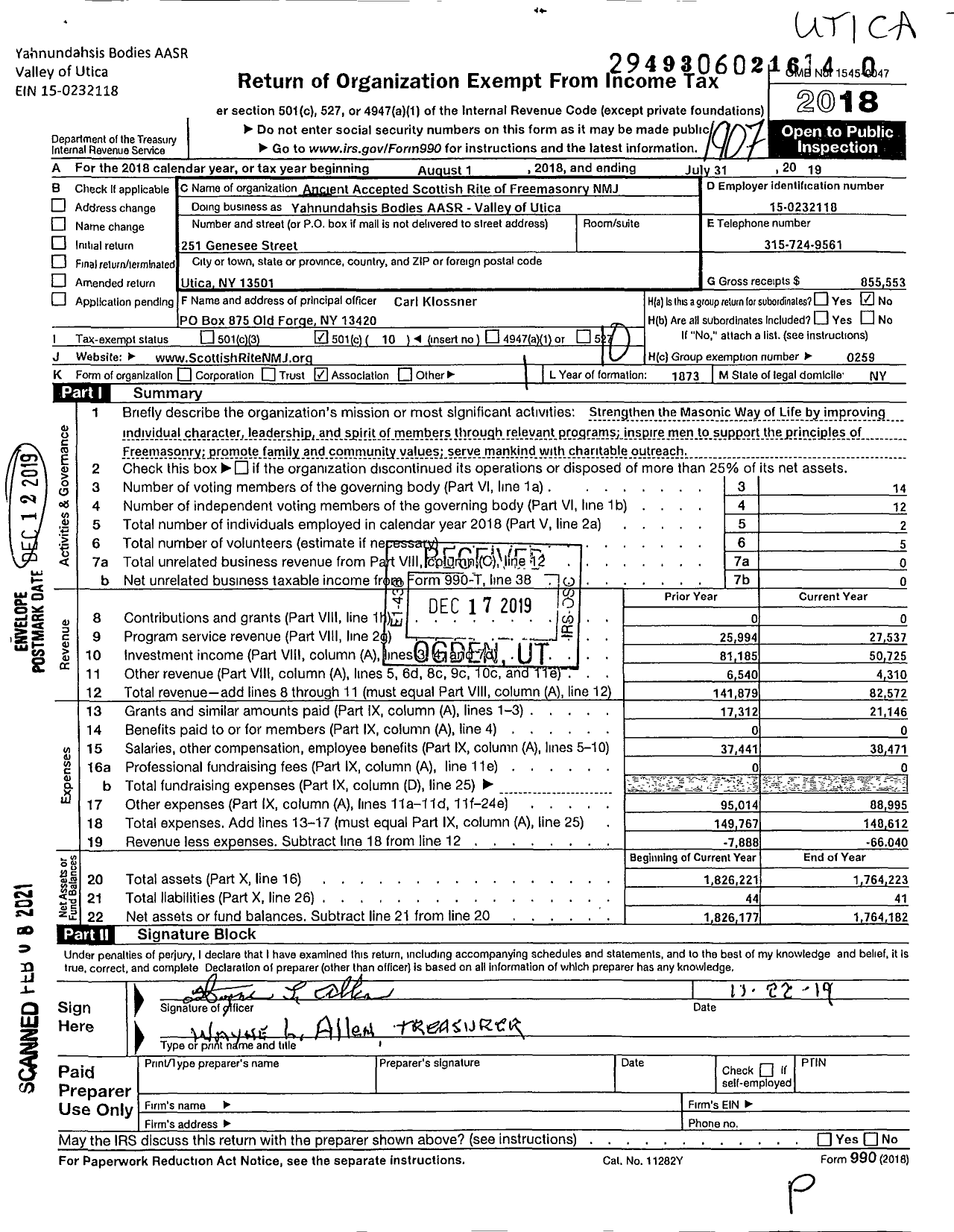 Image of first page of 2018 Form 990O for Scottish Rite, NMJ - Yahnundahsis Bodies AASR - Valley of Utica