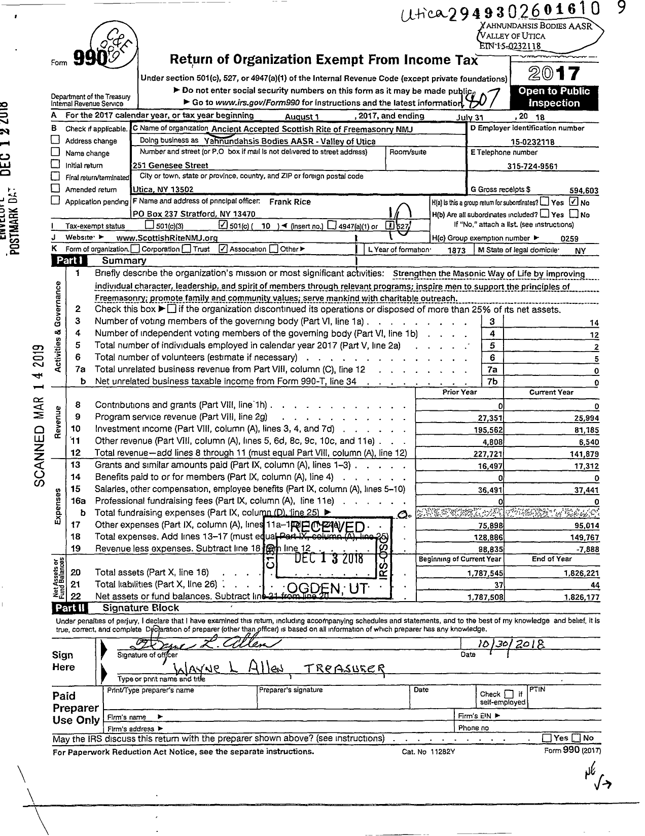 Image of first page of 2017 Form 990O for Scottish Rite, NMJ - Yahnundahsis Bodies AASR - Valley of Utica