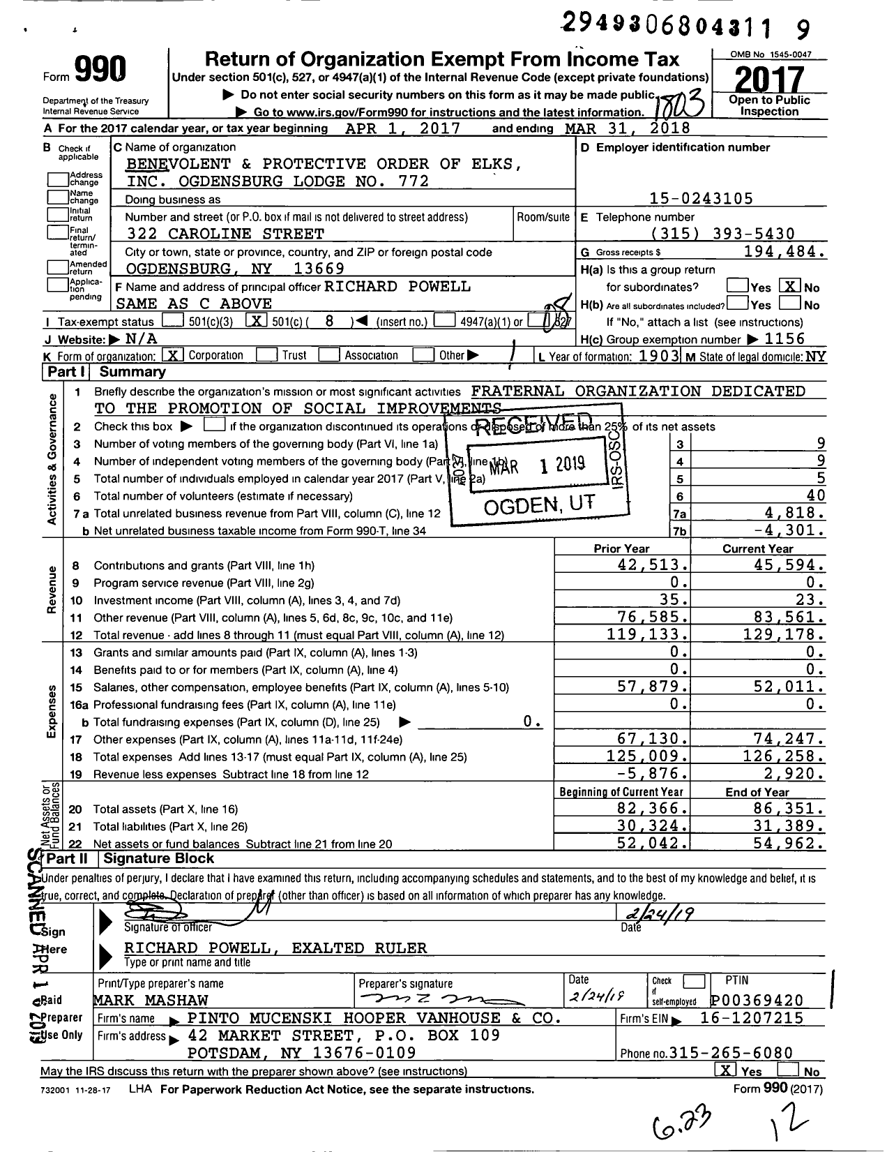 Image of first page of 2017 Form 990O for Benevolent and Protective Order of Elks - 772 Ogdensburg