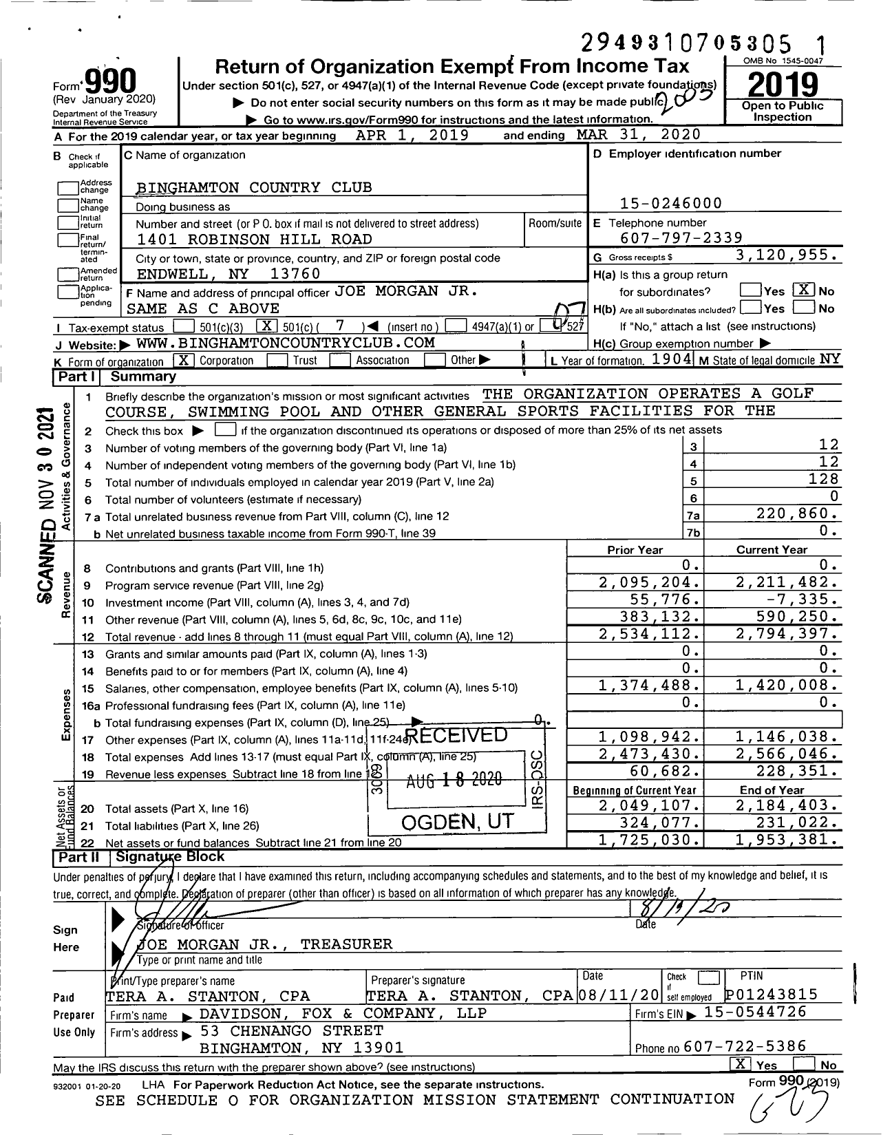 Image of first page of 2019 Form 990O for Binghamton Country Club