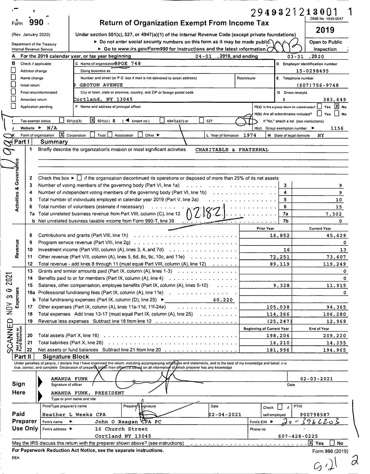 Image of first page of 2019 Form 990O for Benevolent and Protective Order of Elks - 748 Cortland