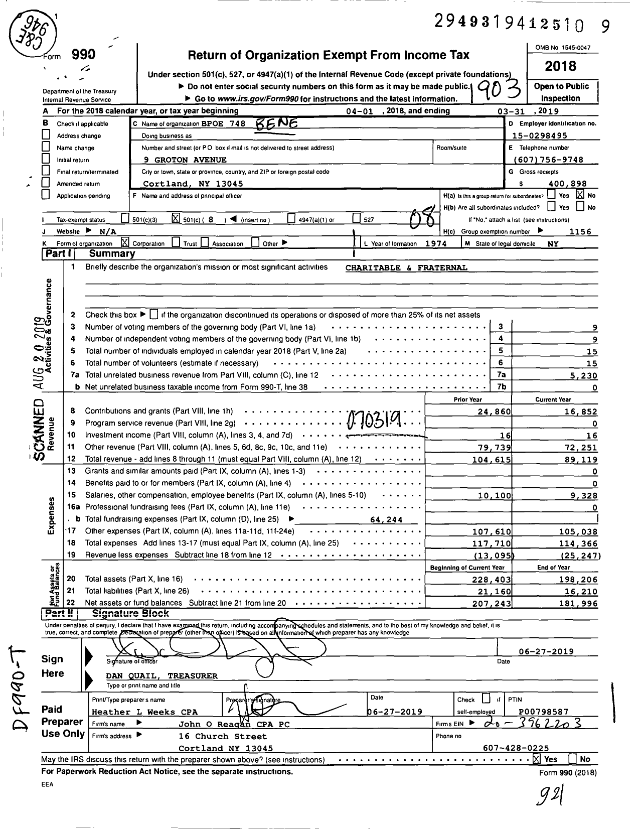 Image of first page of 2018 Form 990O for Benevolent and Protective Order of Elks - 748 Cortland