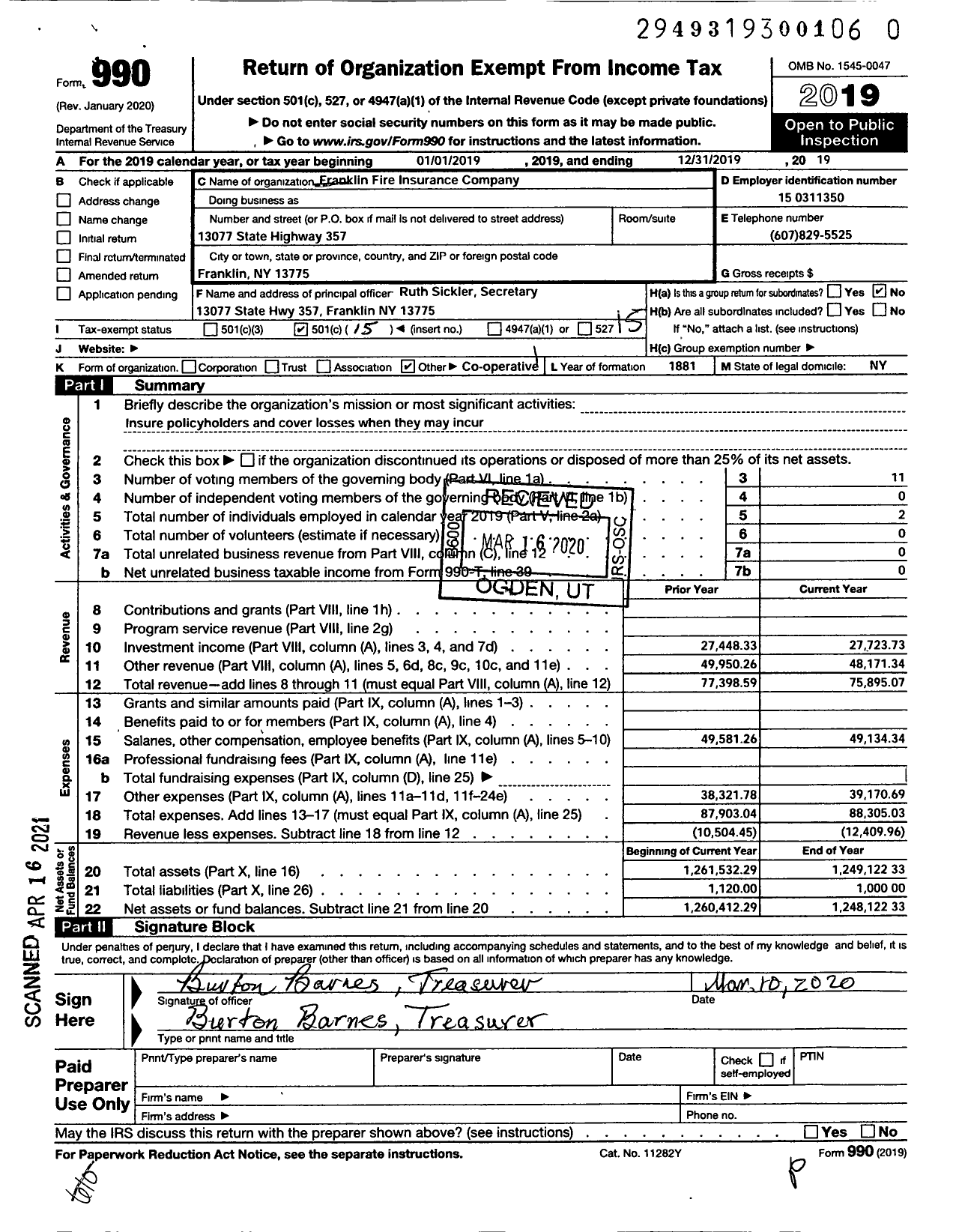 Image of first page of 2019 Form 990O for Franklin Fire Insurance Company