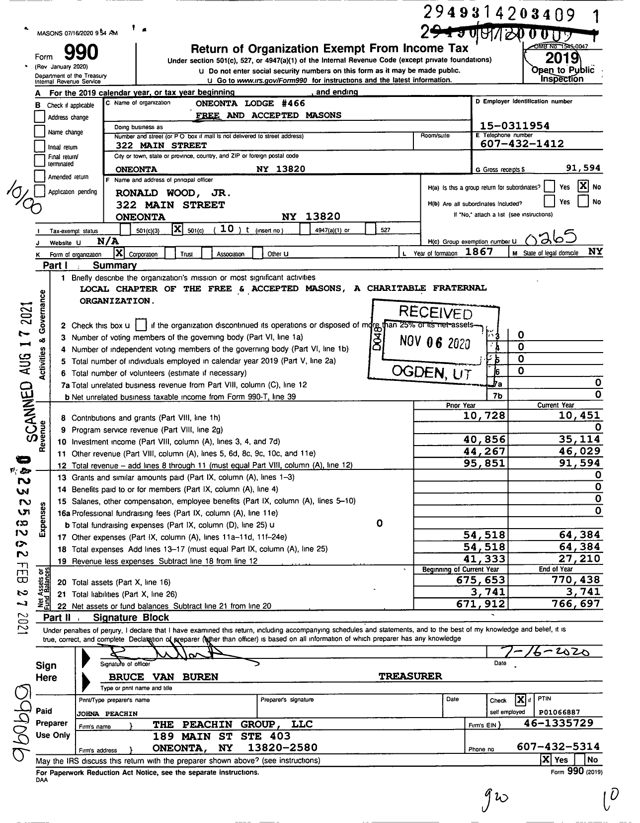 Image of first page of 2019 Form 990O for Free and Accepted Masons of New York - 466 Oneonta Lodge F & Am