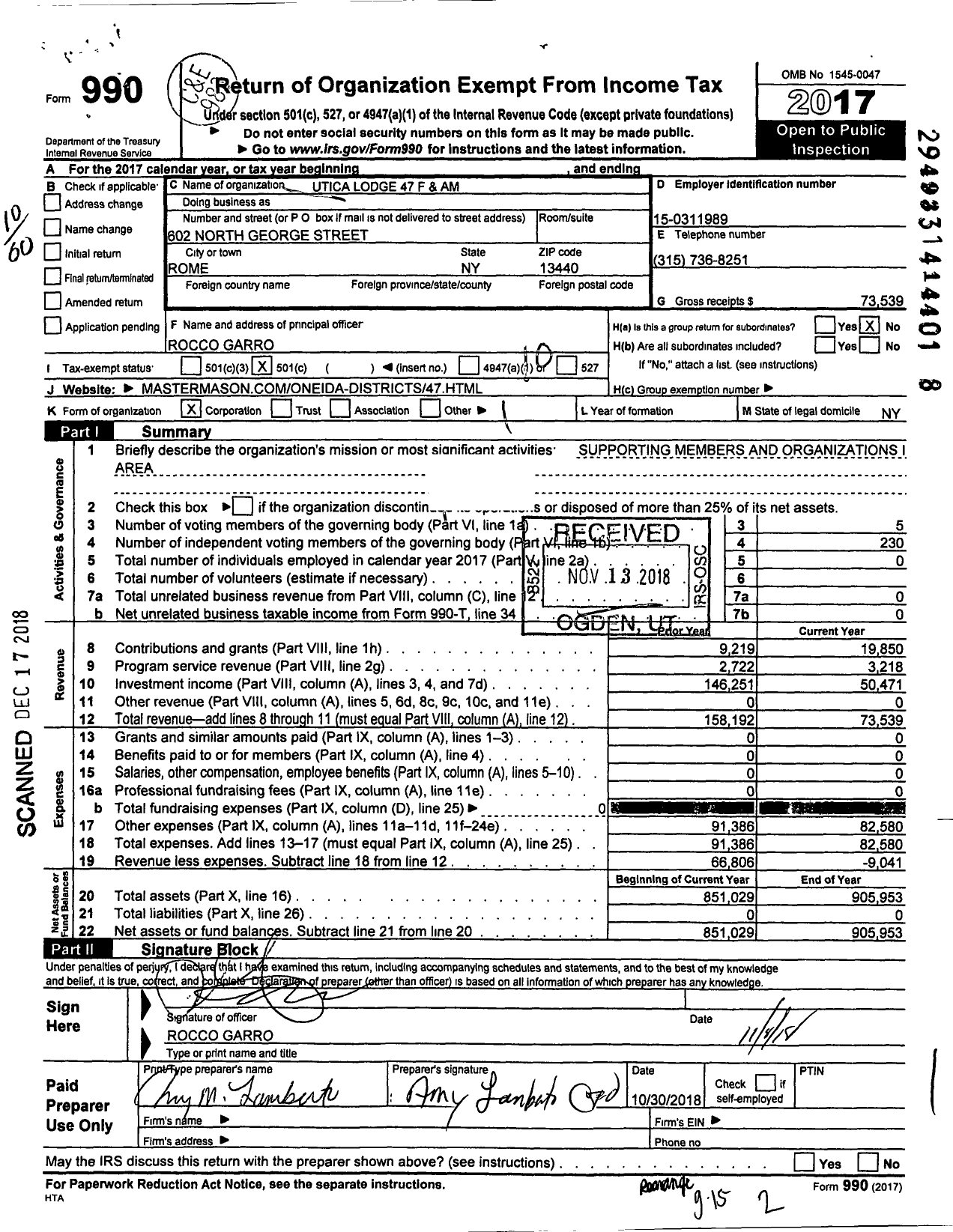 Image of first page of 2017 Form 990O for Free and Accepted Masons of New York - 47 Utica Lodge F & Am