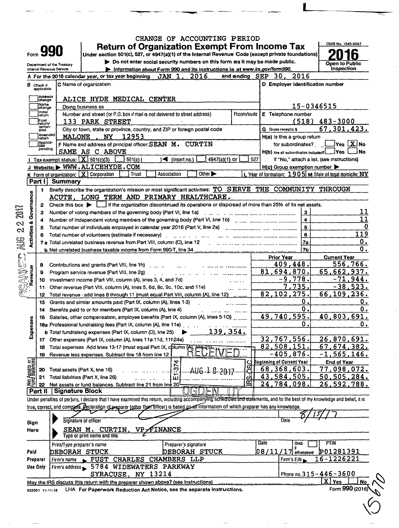 Image of first page of 2015 Form 990 for Alice Hyde Medical Center (AHMC)