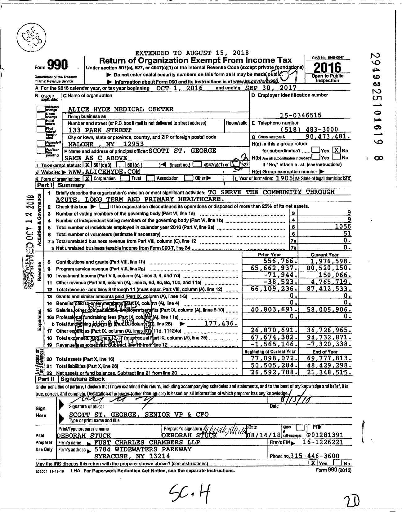 Image of first page of 2016 Form 990 for Alice Hyde Medical Center (AHMC)