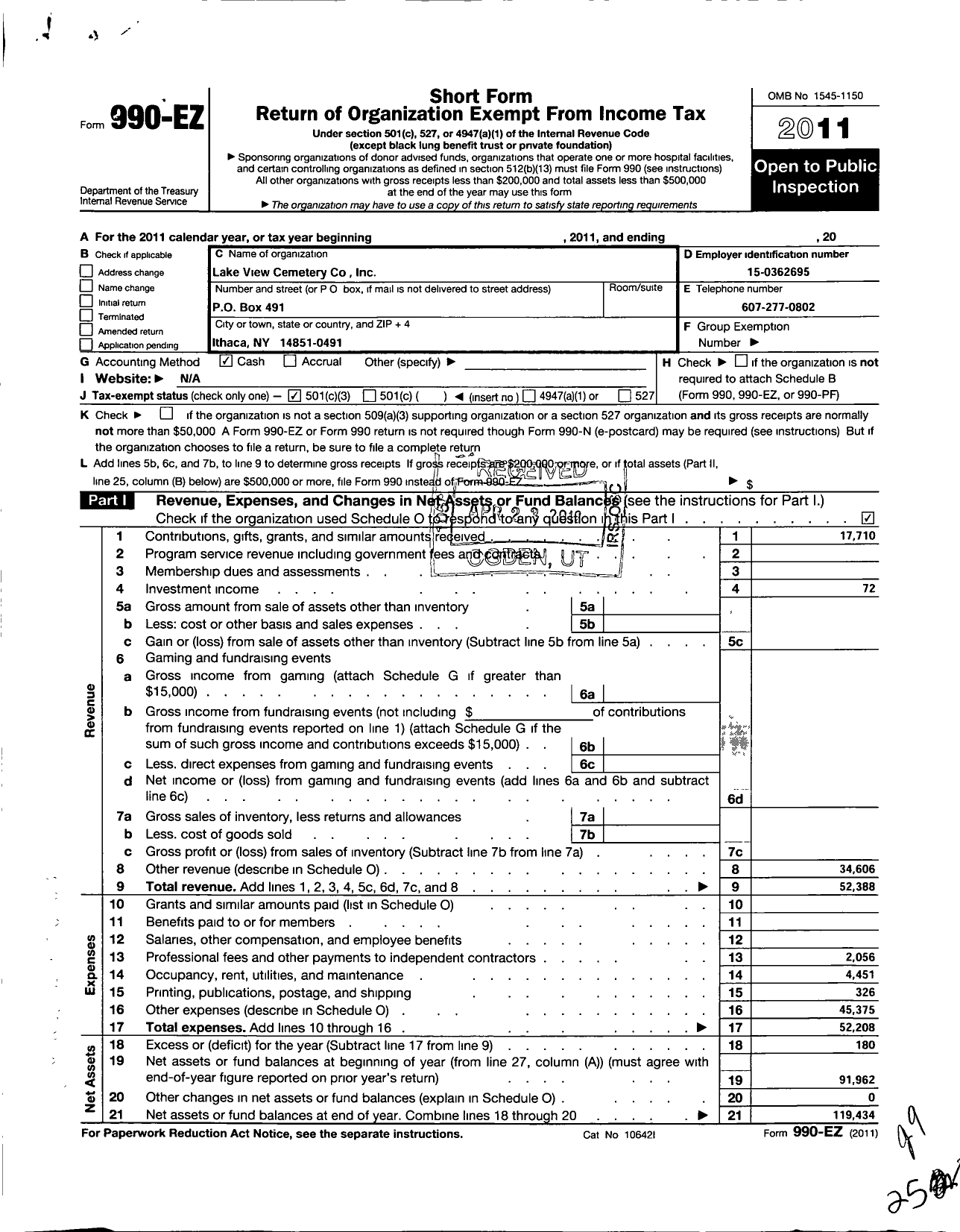 Image of first page of 2011 Form 990EZ for Lakeview Cemetery