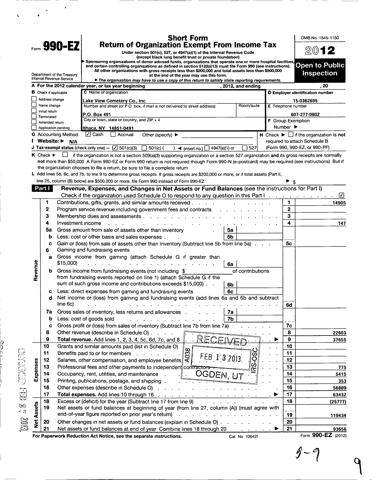 Image of first page of 2012 Form 990EZ for Lakeview Cemetery