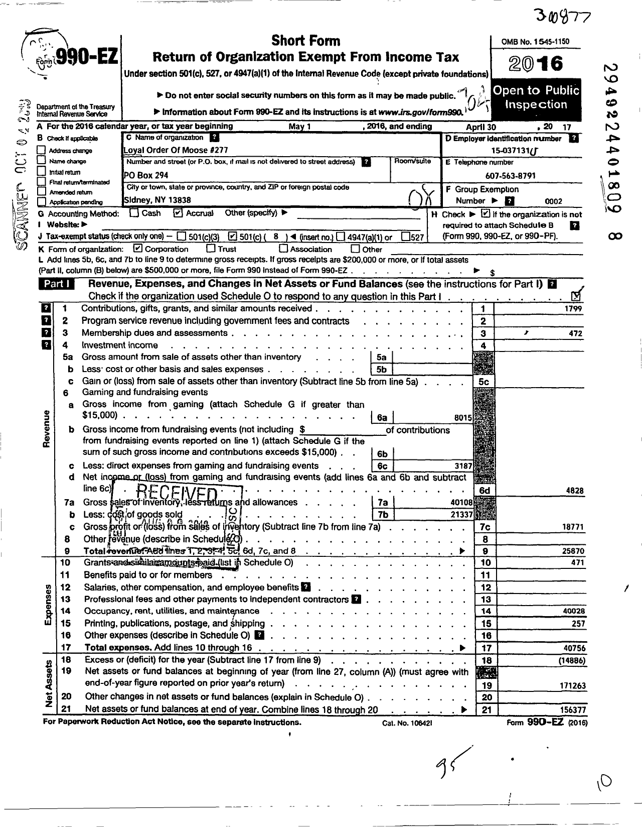 Image of first page of 2016 Form 990EO for Loyal Order of Moose - Sidney Moose Lodge 277