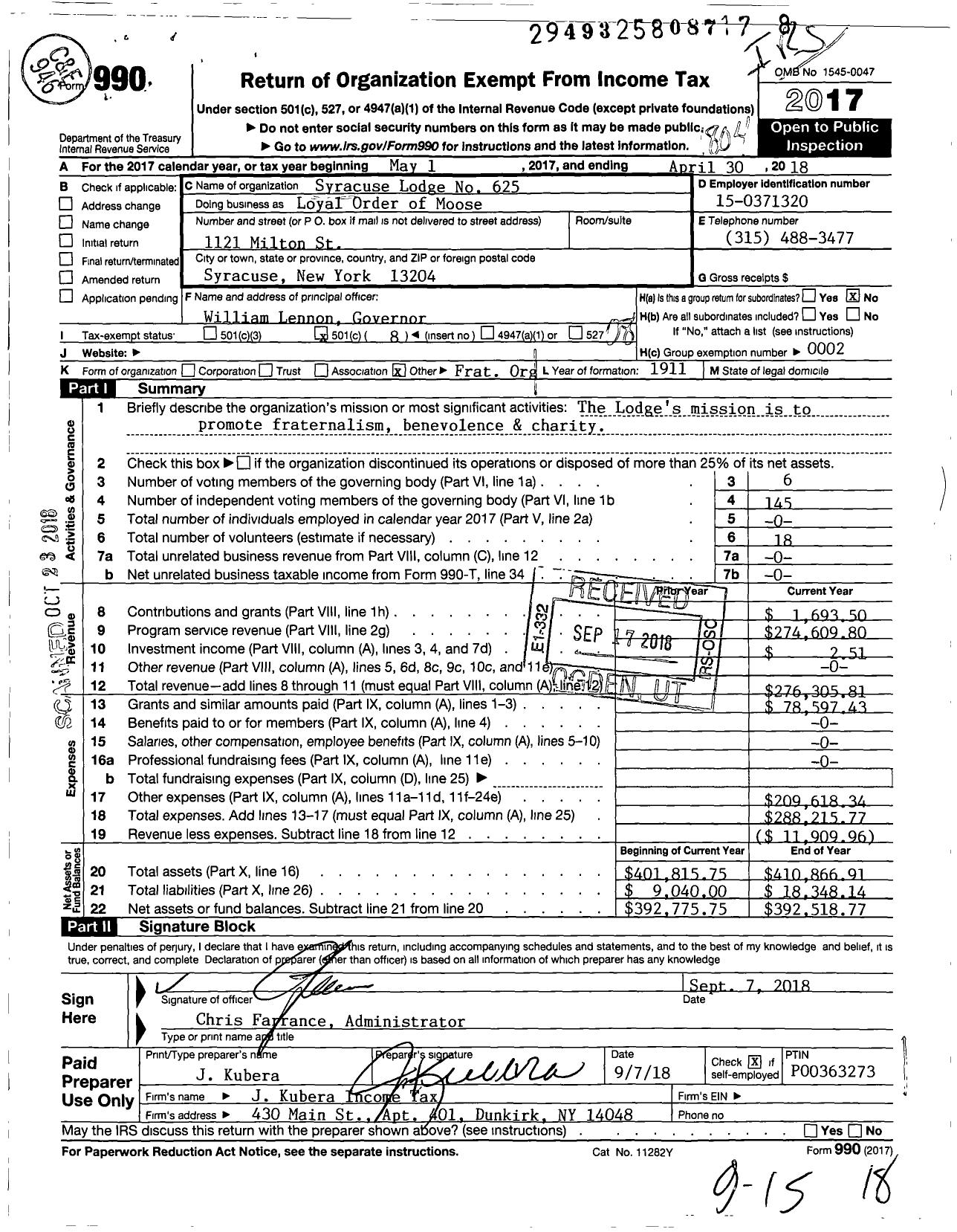 Image of first page of 2017 Form 990O for Loyal Order of Moose - 625