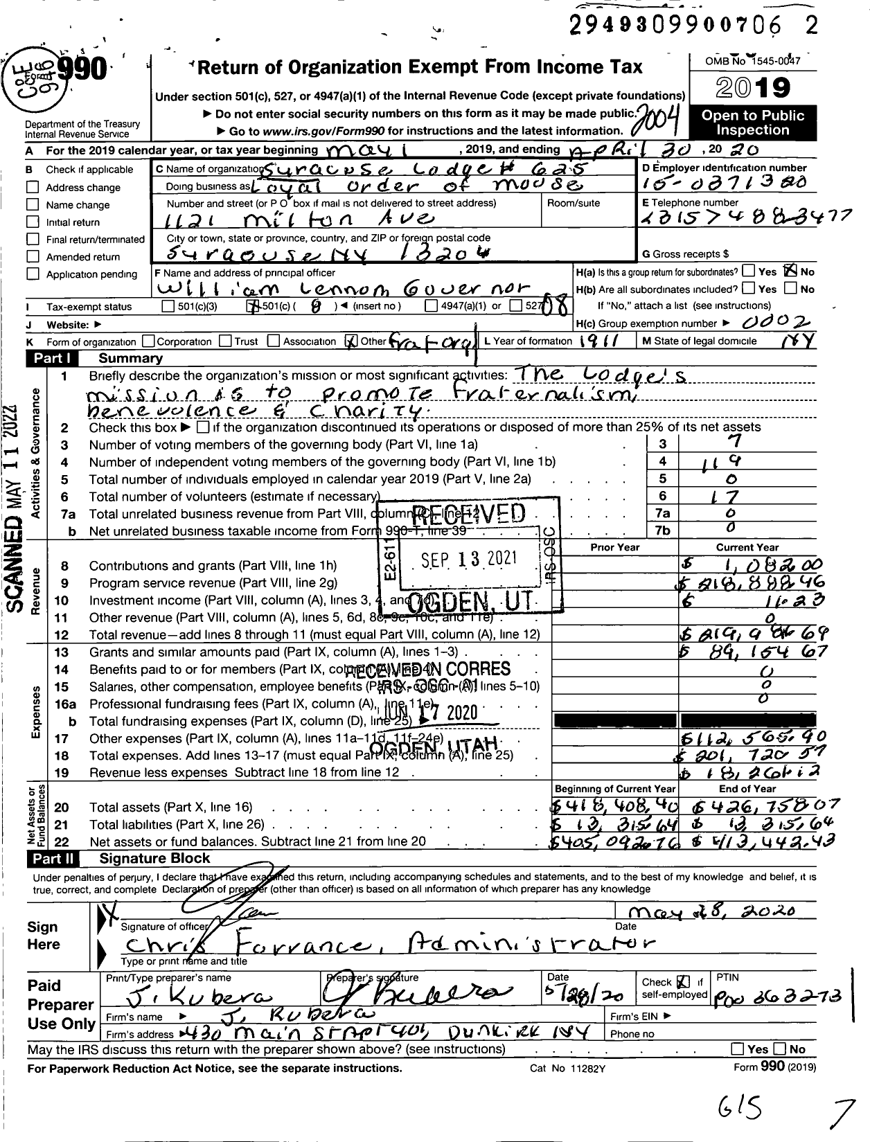 Image of first page of 2019 Form 990O for Loyal Order of Moose - 625