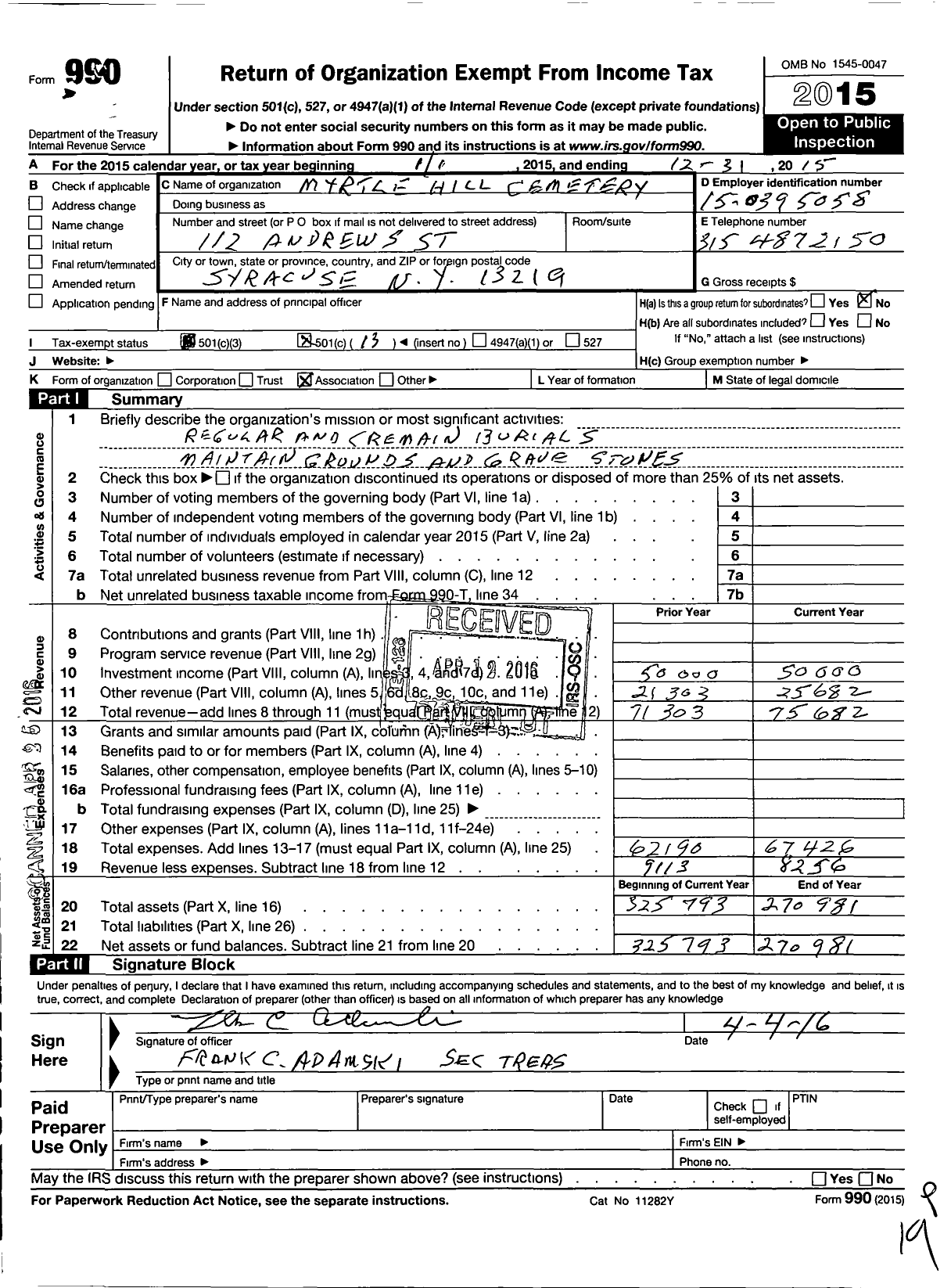 Image of first page of 2015 Form 990O for Myrtle Hill Cemetery