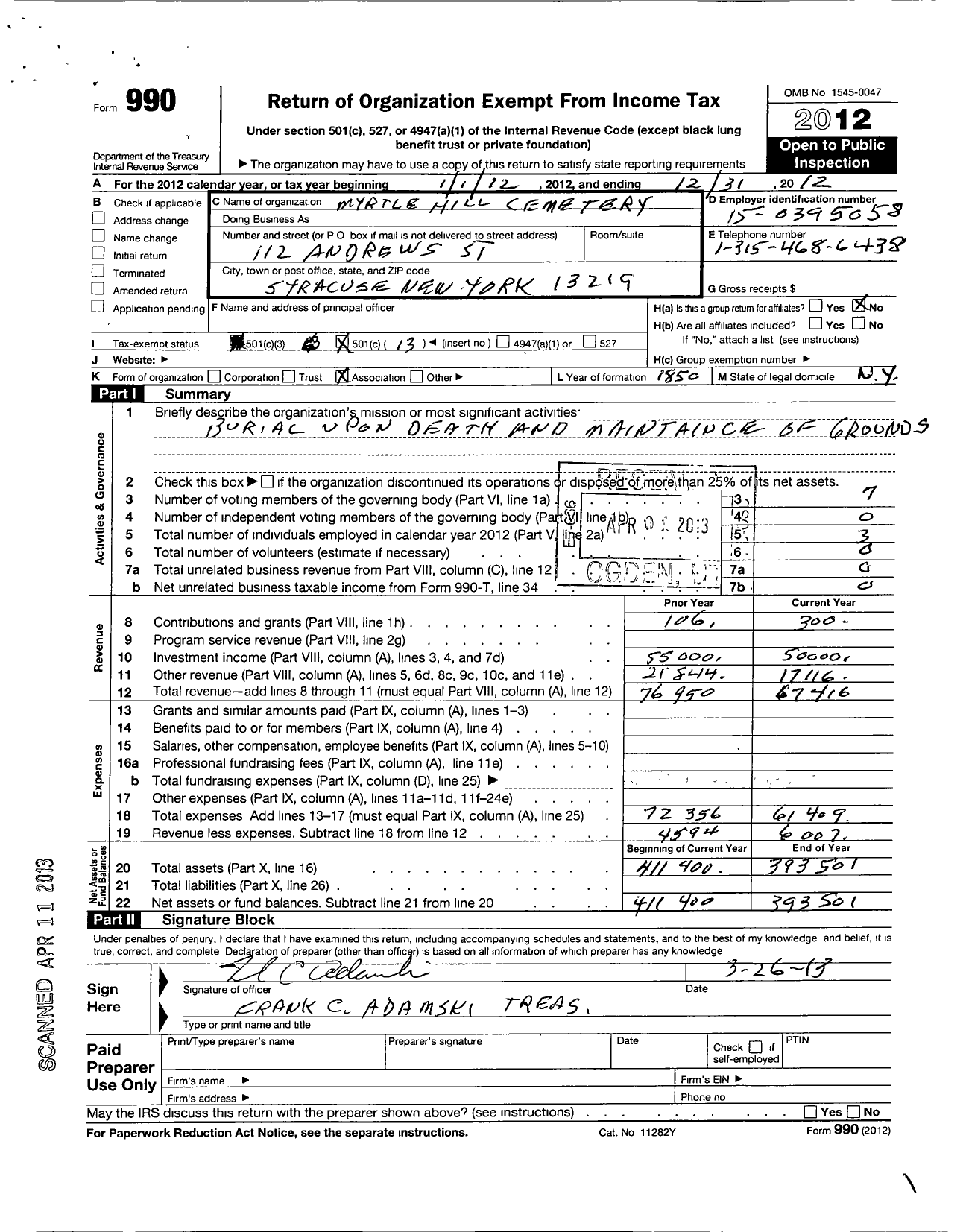 Image of first page of 2012 Form 990O for Myrtle Hill Cemetery