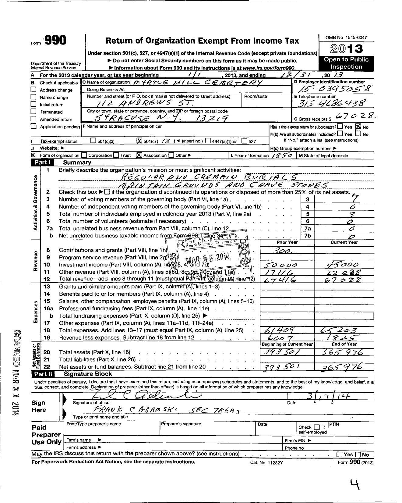 Image of first page of 2013 Form 990O for Myrtle Hill Cemetery