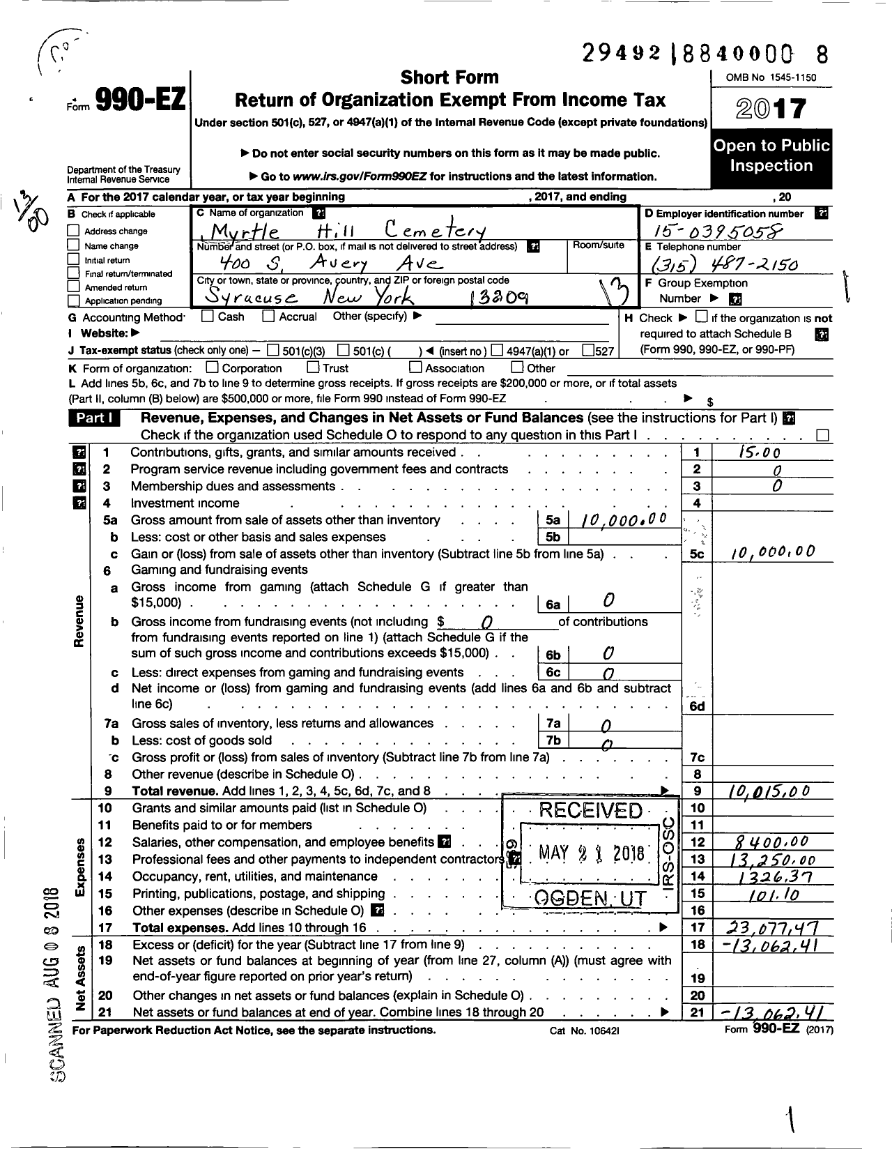 Image of first page of 2017 Form 990EO for Myrtle Hill Cemetery