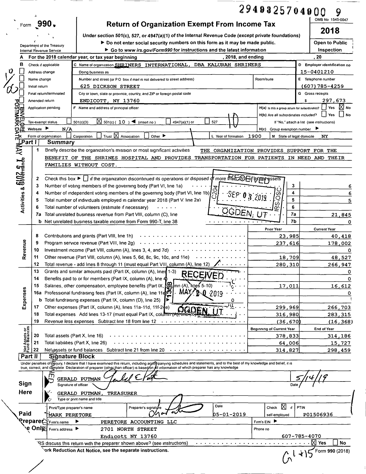 Image of first page of 2018 Form 990O for Shriners International - Kalurah Shriners