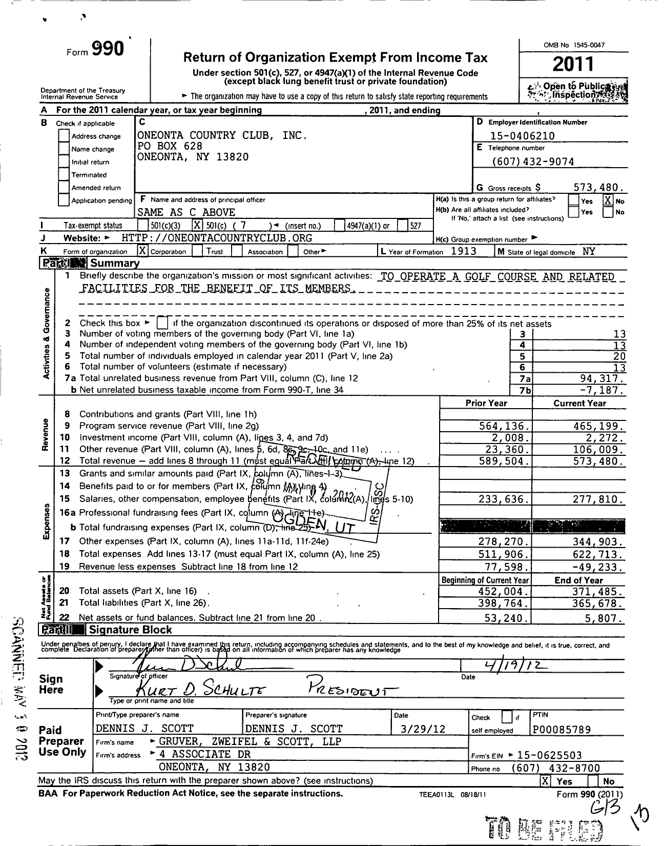 Image of first page of 2011 Form 990O for Oneonta Country Club