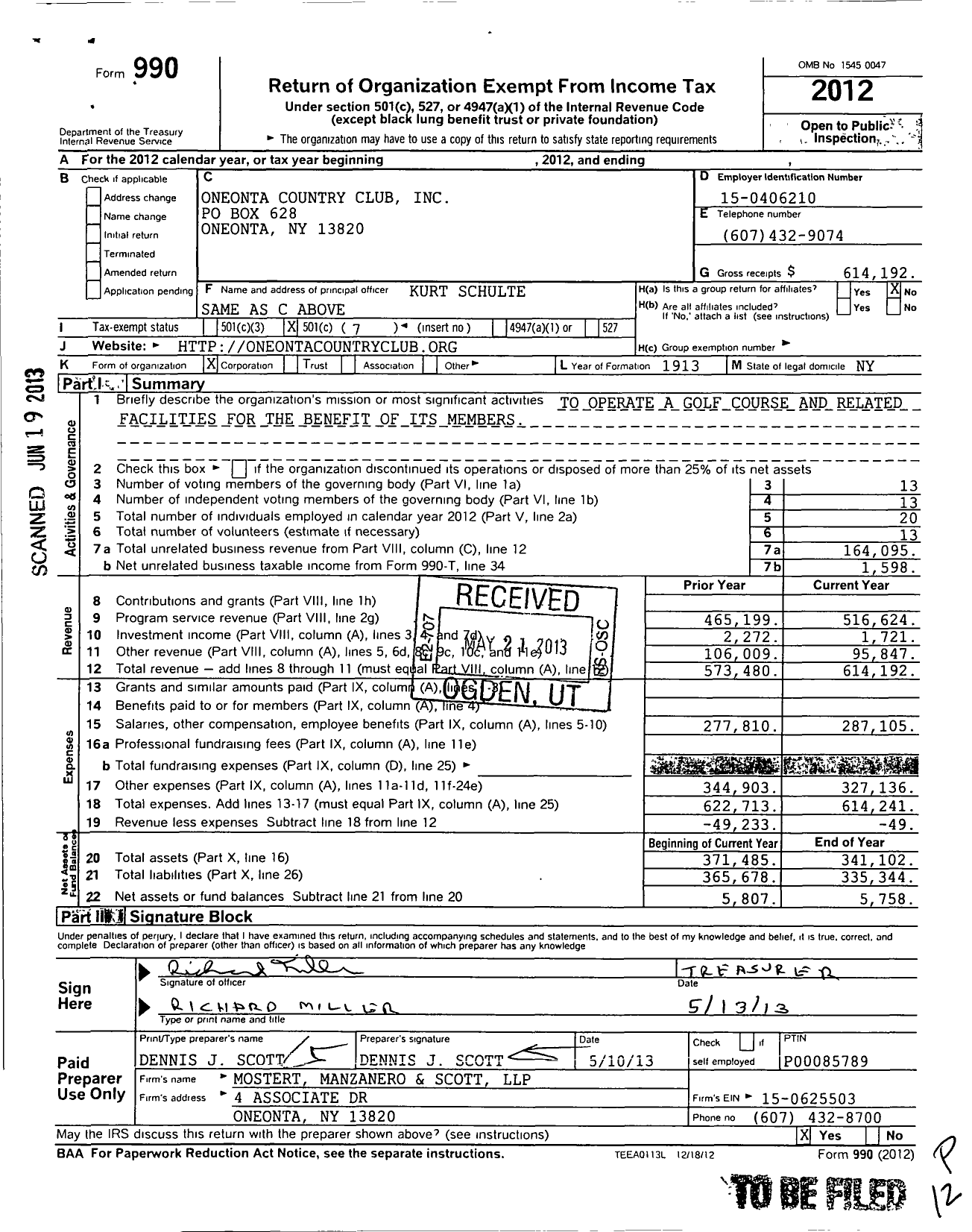 Image of first page of 2012 Form 990O for Oneonta Country Club